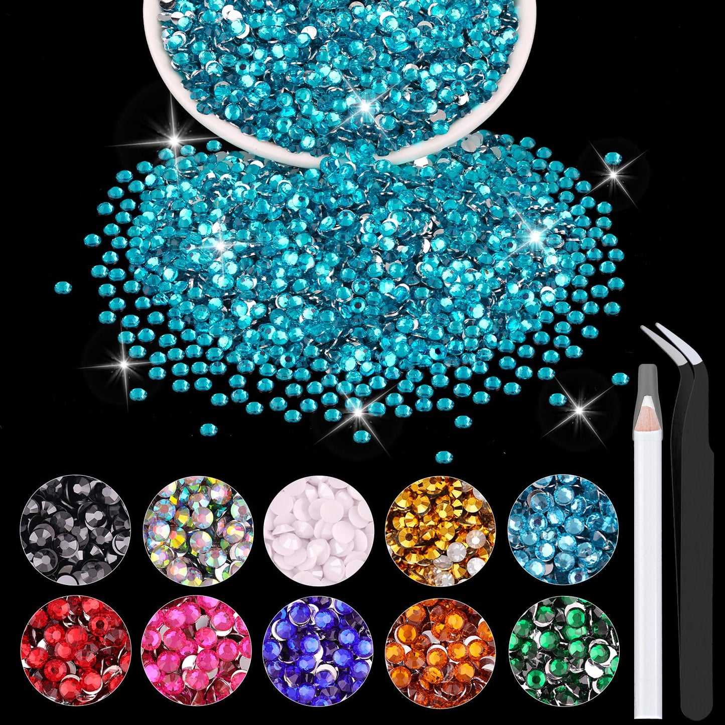 5000PCS 2mm Resin Rhinestones in Bulk (Indicolite), Bedazzling Flatback Crystals for Crafts DIY Nail Decoration, Gems Charms for Tumbler Shoes Clothing Fabric with Pickup Pen and Tweezers