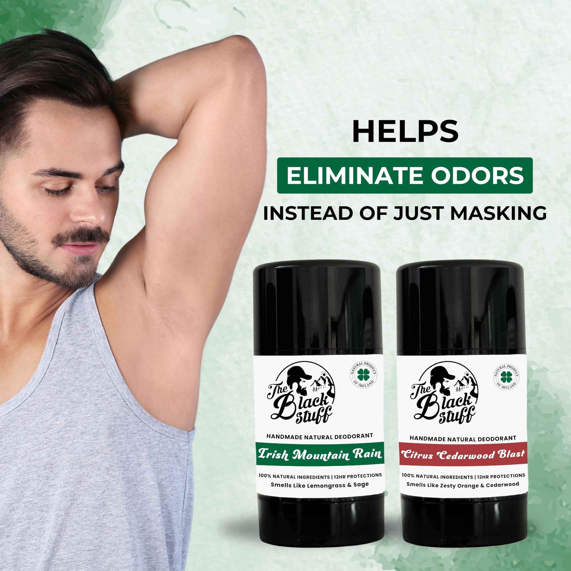 The Black Stuff Natural Deodorant with Cocoa Butter & Lemon - Aluminum Free for Men, Long-Lasting Freshness, Irish Mountain Rain & Citrus Cedarwood Blast (Pack of 2)