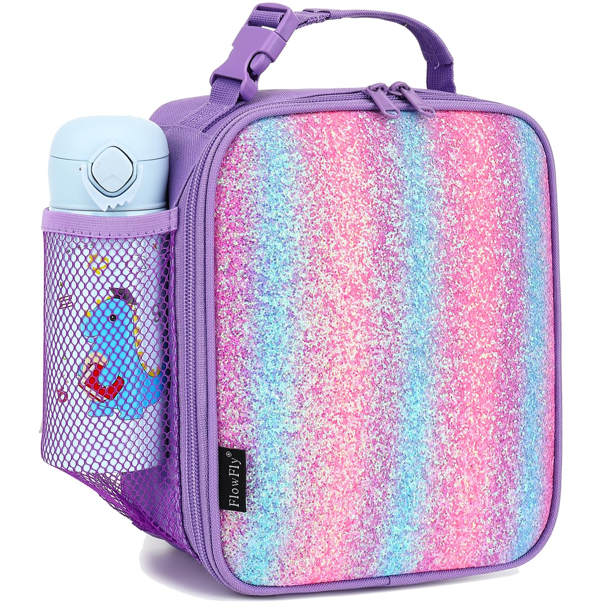 FlowFly Lunch box Insulated Soft Bag Mini Cooler Back to School Thermal Meal Tote Kit for Girls, Boys,Purple#Glitter