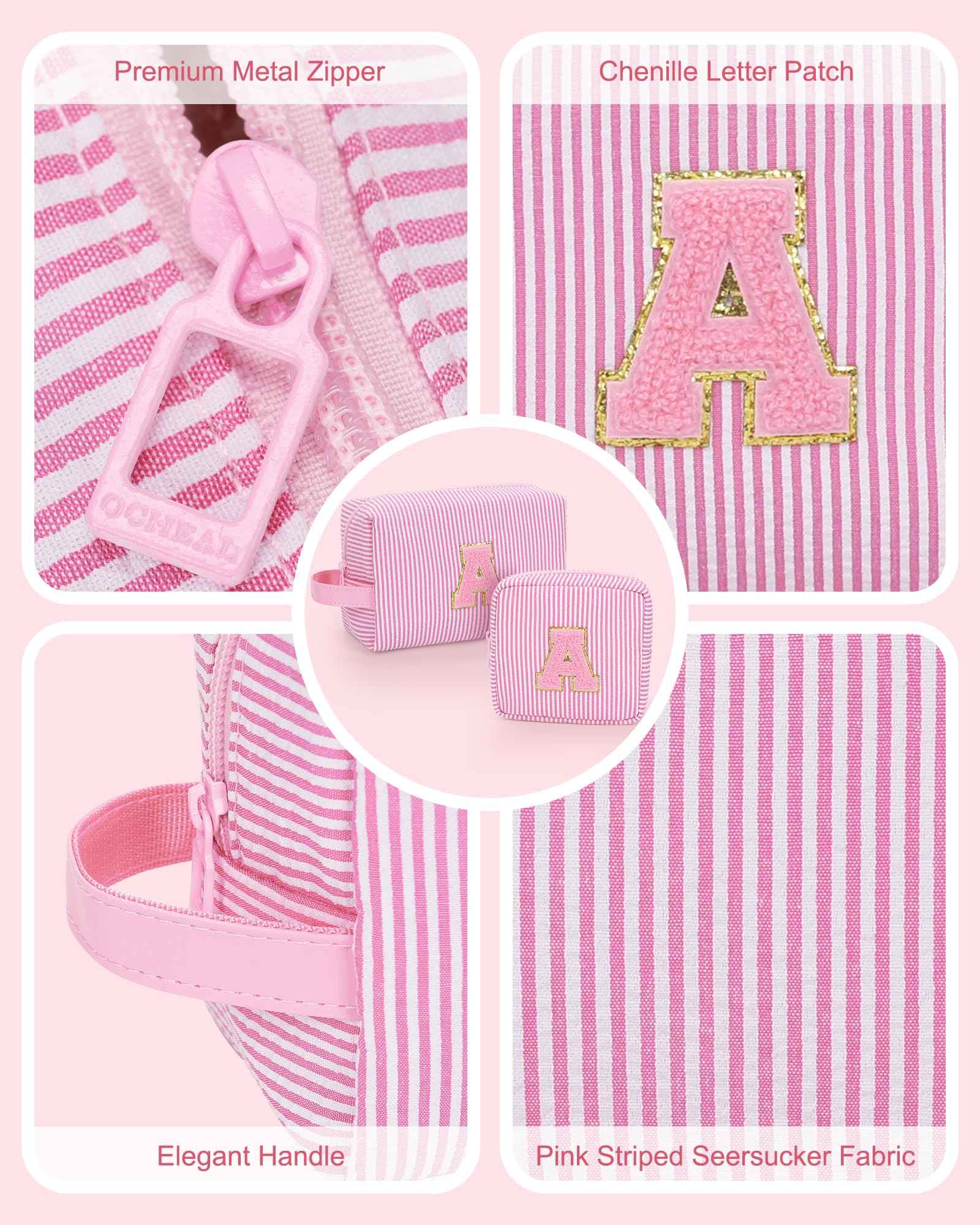 MONSTINA Initial Makeup Bag Set for Girls&Women,Personalized Make Up Case for Girlfriend Graduation Teacher Gifts,Cute Toiletry Bag Preppy Chenille Letter Patch,Pink A
