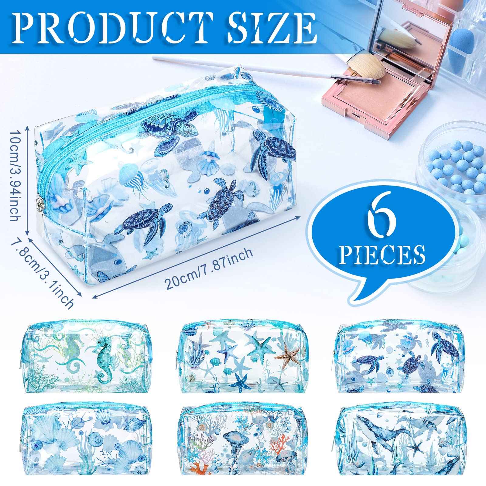 Kacctyen 6 Pcs Clear Makeup Bag Waterproof travel Cosmetic Thickened PVC Toiletry Beach Theme with Whale Starfish Turtle Ocean Sea Animals Print Beauty Cosmetic Makeup Bag Gifts