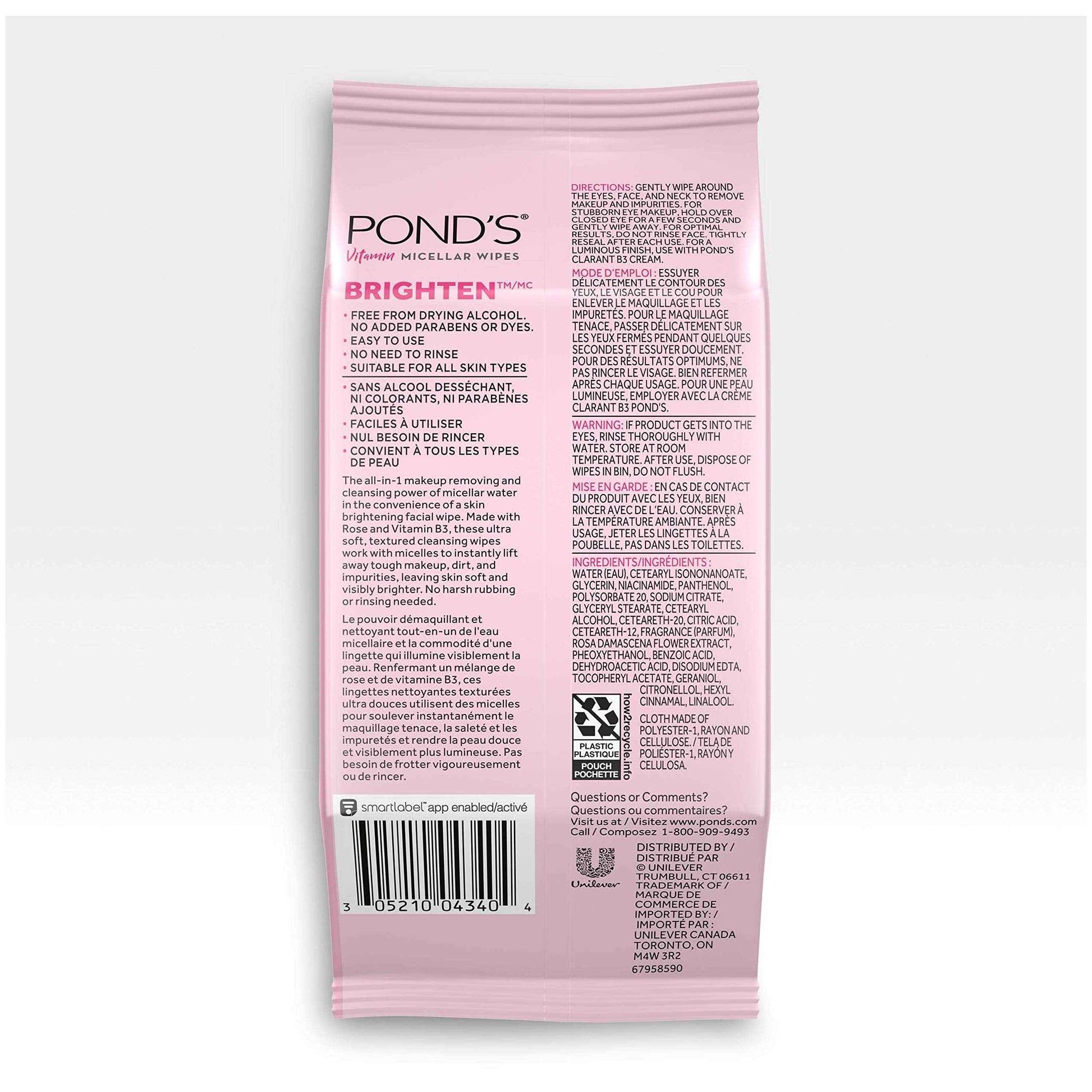 Pond's Vitamin Micellar Wipes For Dark Spots Brighten Rose Removes Waterproof Makeup 25 Wipes