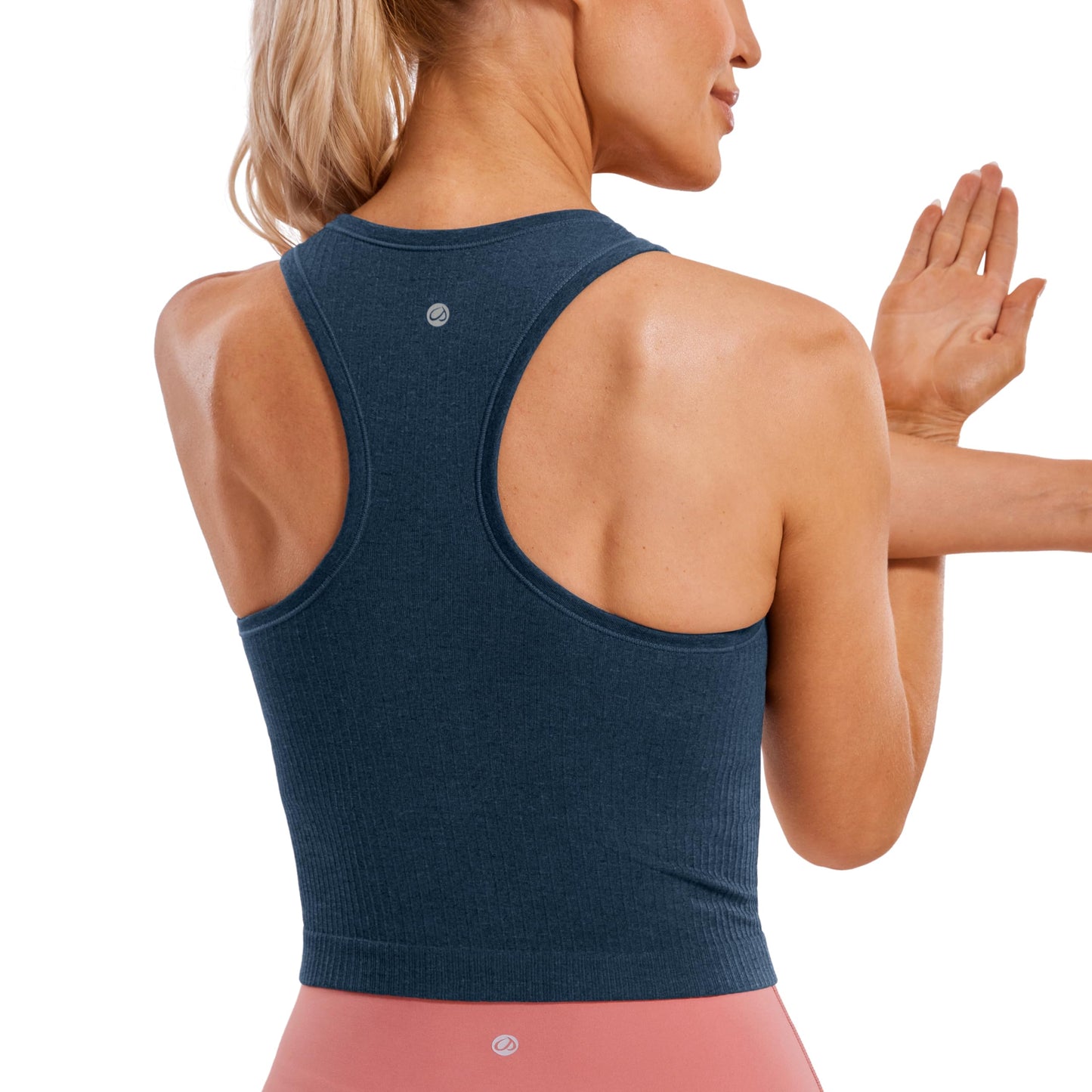 CRZ YOGA Womens Seamless Ribbed Longline High Neck Sports Bra - Racerback Padded Slim Fit Crop Tank Top with Built in Bra French Navy XX-Small