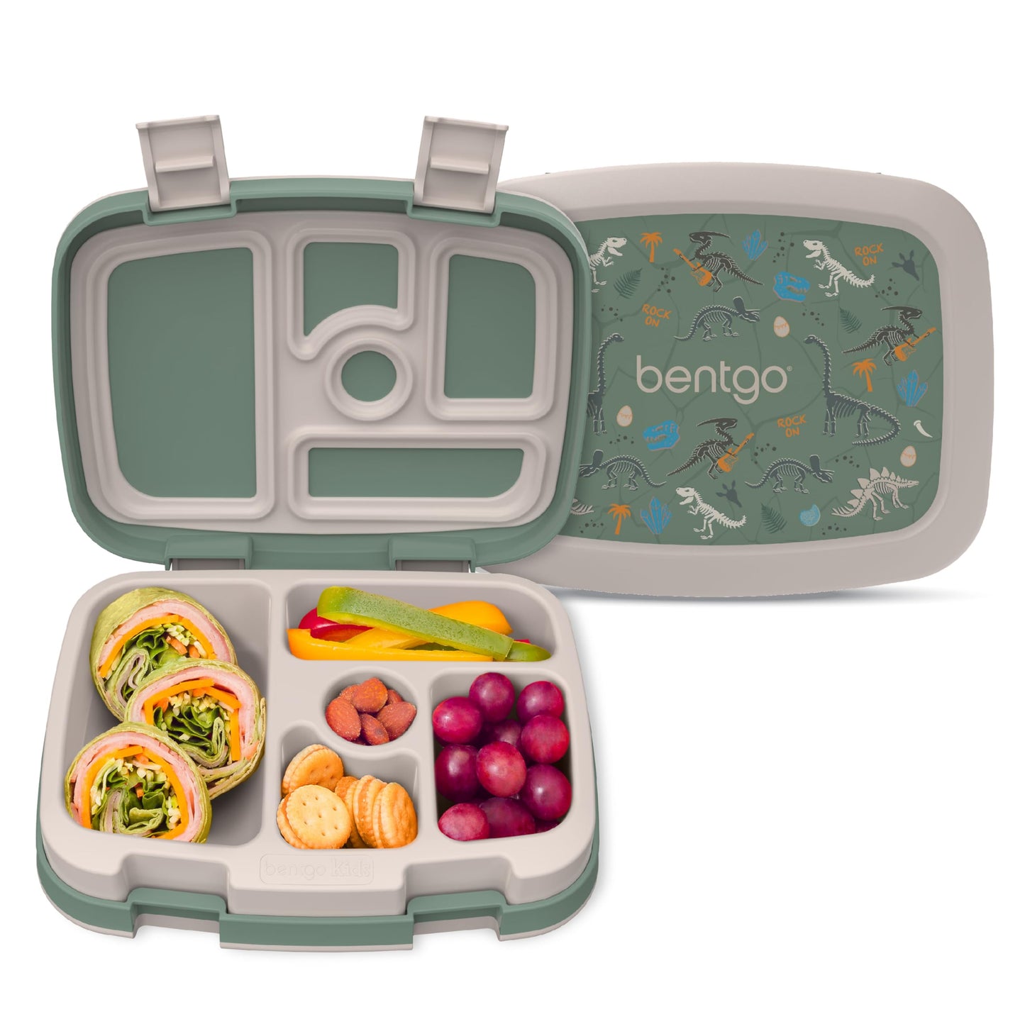 Bentgo Kids Prints Leak-Proof, 5-Compartment Bento-Style Kids Lunch Box - Ideal Portion Sizes for Ages 3-7, Durable, Drop-Proof, Dishwasher Safe, & Made with BPA-Free Materials (Dino Fossils)