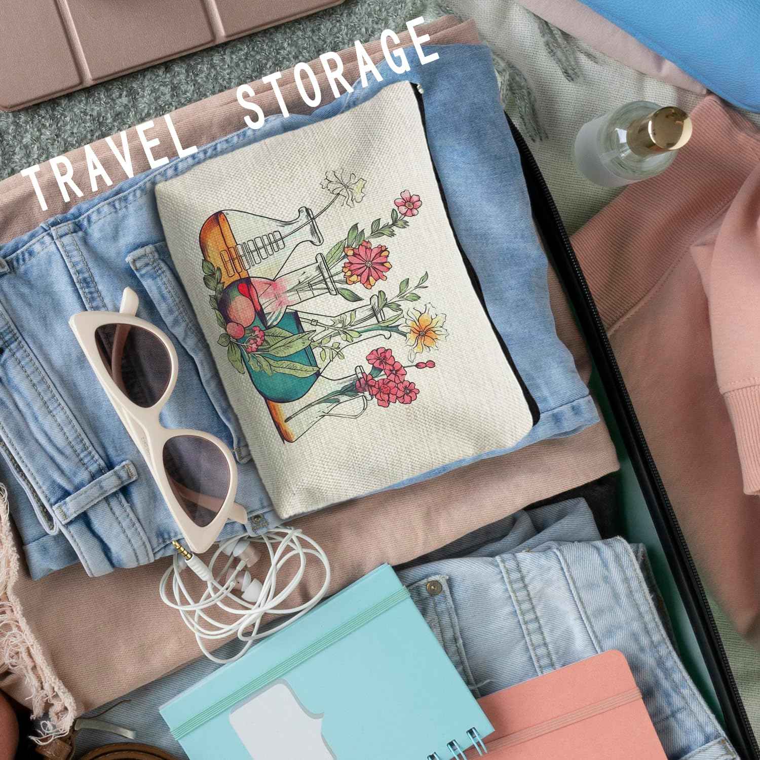 RYYCDOI Science Teacher Gifts Makeup Bag - Floral Beakers Cosmetic Pouch