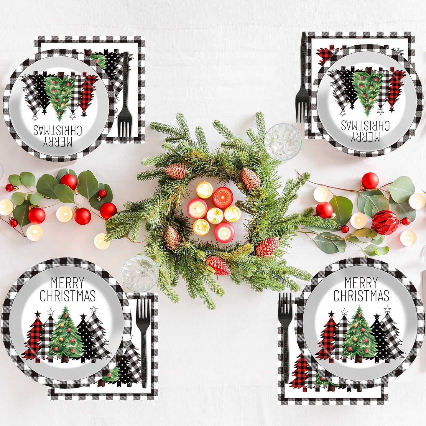 200Pcs Buffalo Plaid Christmas Tree Party Plates Napkins Christmas Black White Buffalo Plaid Theme Tableware Set for Xmas Holiday Decoration Dessert Plates Serve 50 Guests for Birthday Party Supplies