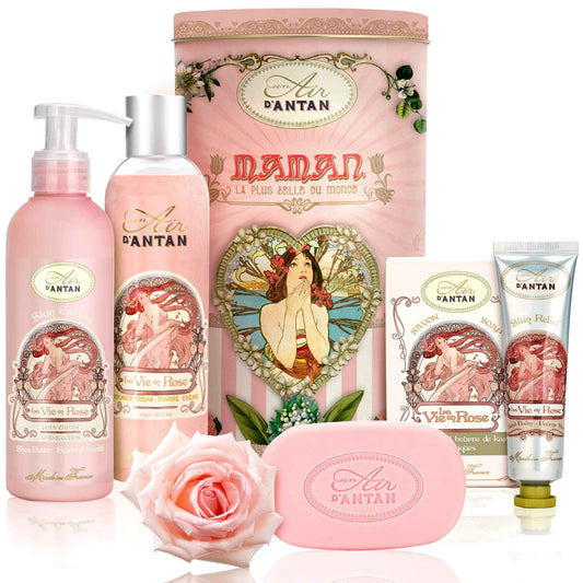 Un Air d'Antan Spa Gifts for Women - Gift Basket with Hand Cream, Rose Scented - 4 Products in Tall Tin