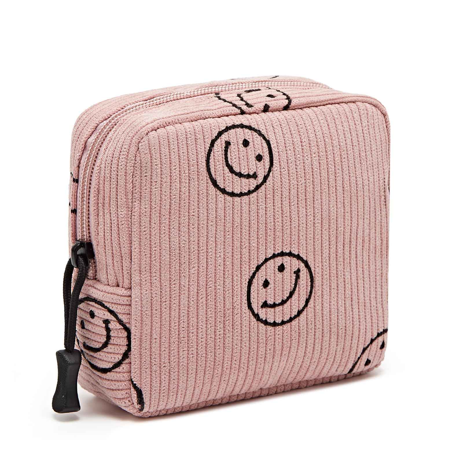 ZOEMTIU Small Makeup Bag for Purse,Mini Cosmetics Bag cute Zipper corduroy Cosmetic Pouch Storage Pouch Travel Toiletry Organizer for Women Girls(Smiley Face,Pink)