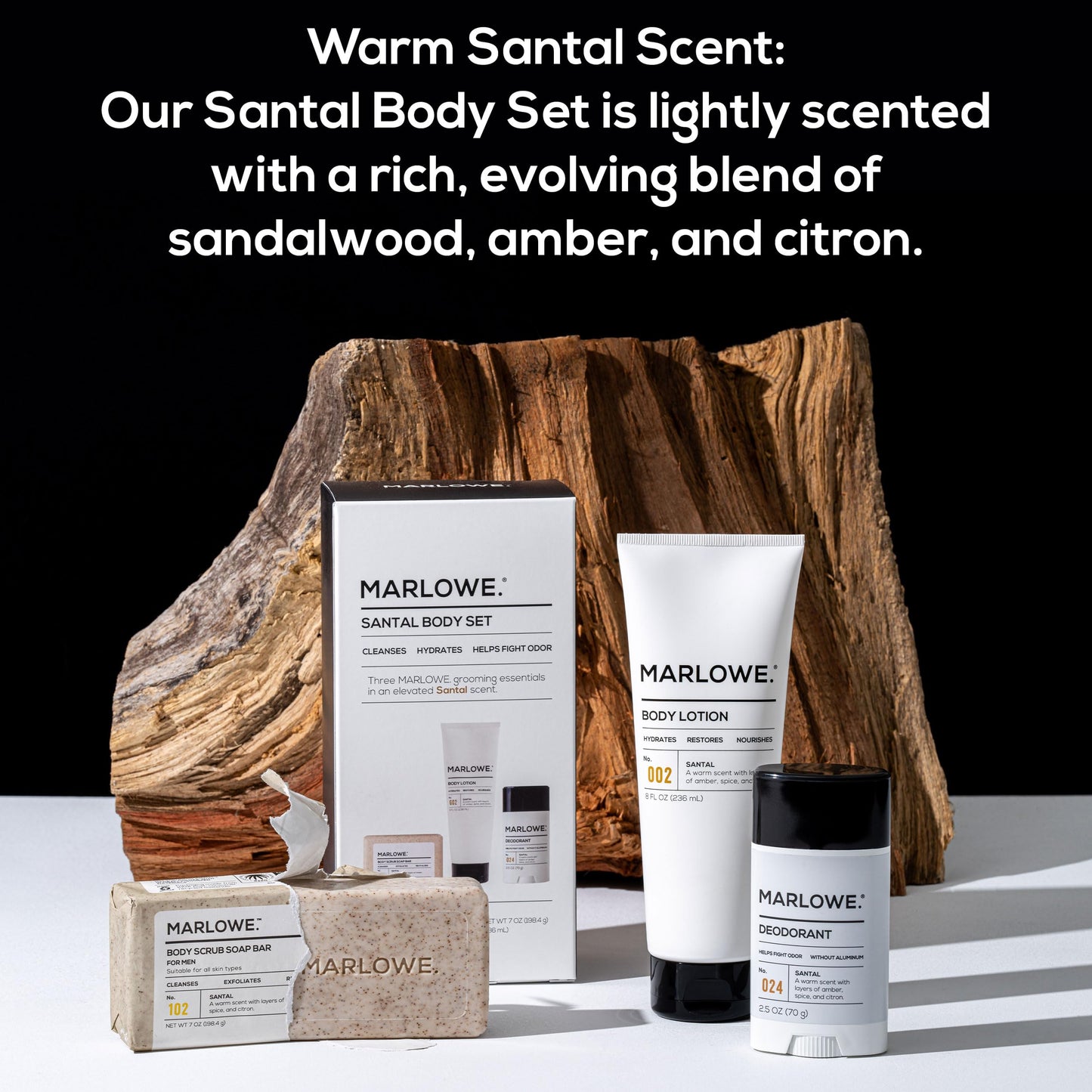 MARLOWE. Men's Grooming Santal Body Set, Features No. 102 Body Scrub Soap Bar, No. 024 Deodorant & No. 002 Body Lotion, Warm Amber, Spice & Citron Scent