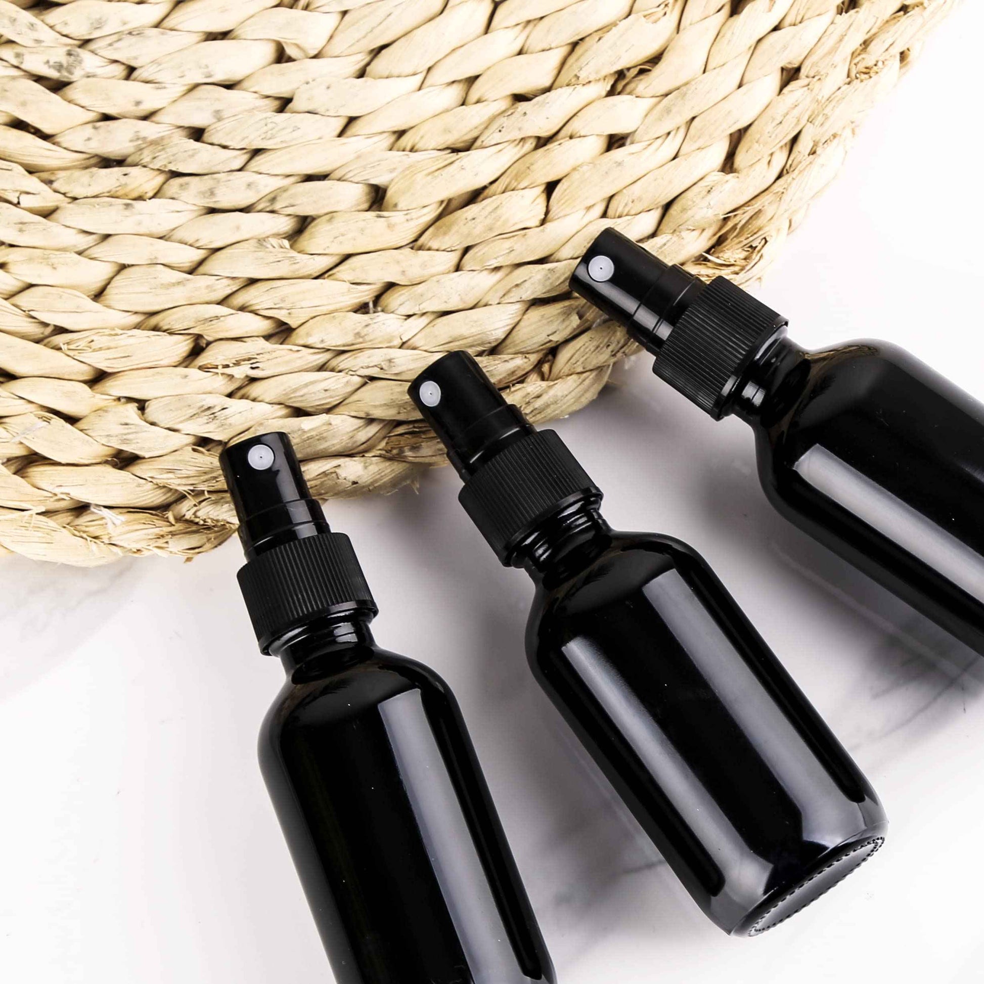 YONKAN 2oz UV Resistant Glass Spray Bottle, Fine Mist Boston Glass Bottles with Black Fine Mist Sprayer Small Clear Bottles for Essential Oils, Bath, Beauty, Hair & Cleaning, Black, Pack of 48