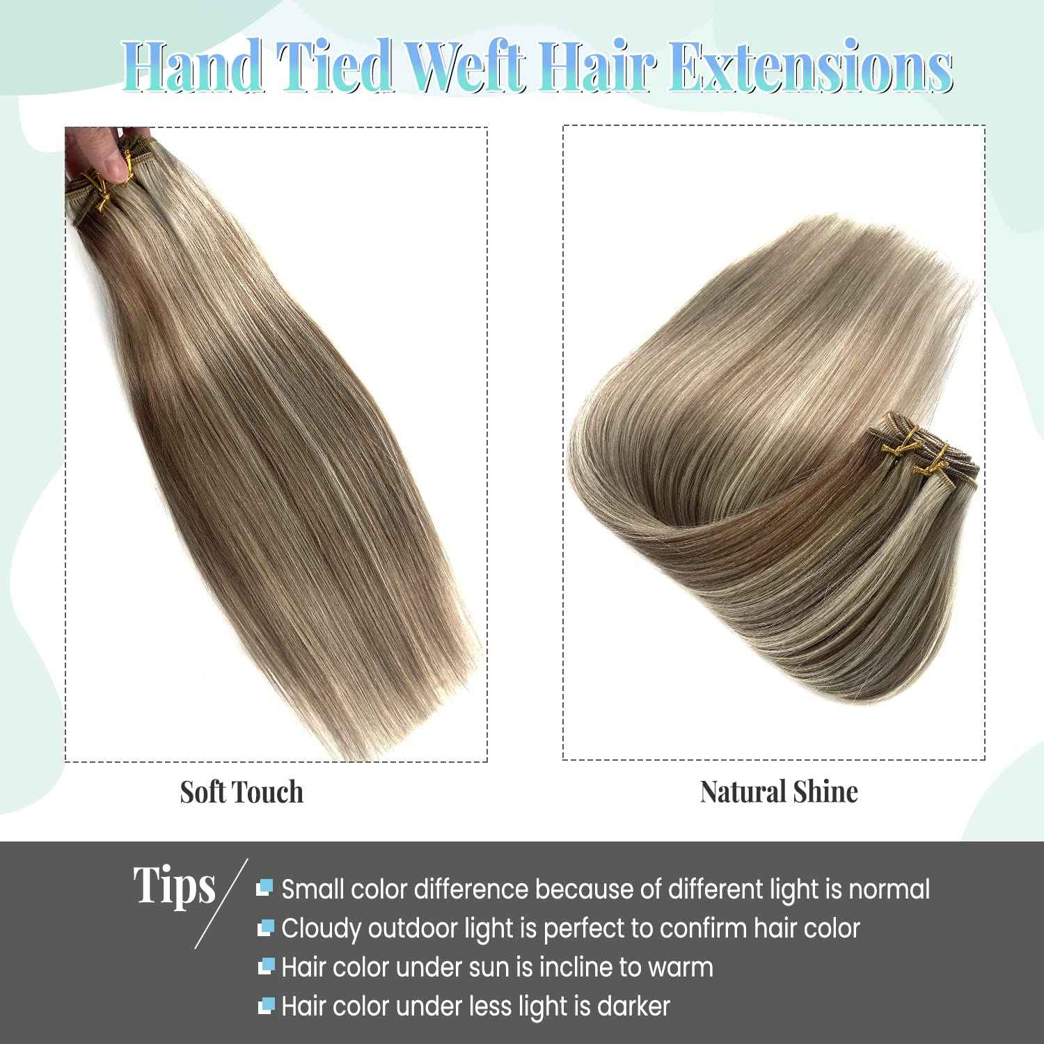 Sew in Hair Extensions Real Human Hair, Weft Hair Extensions Human Hair Bundles 14 Inch 80G Ash Brown and Blonde Balayage Ash Blonde Highlights Hand Tied Weft Hair Extensions Human Hair Weave Bundles