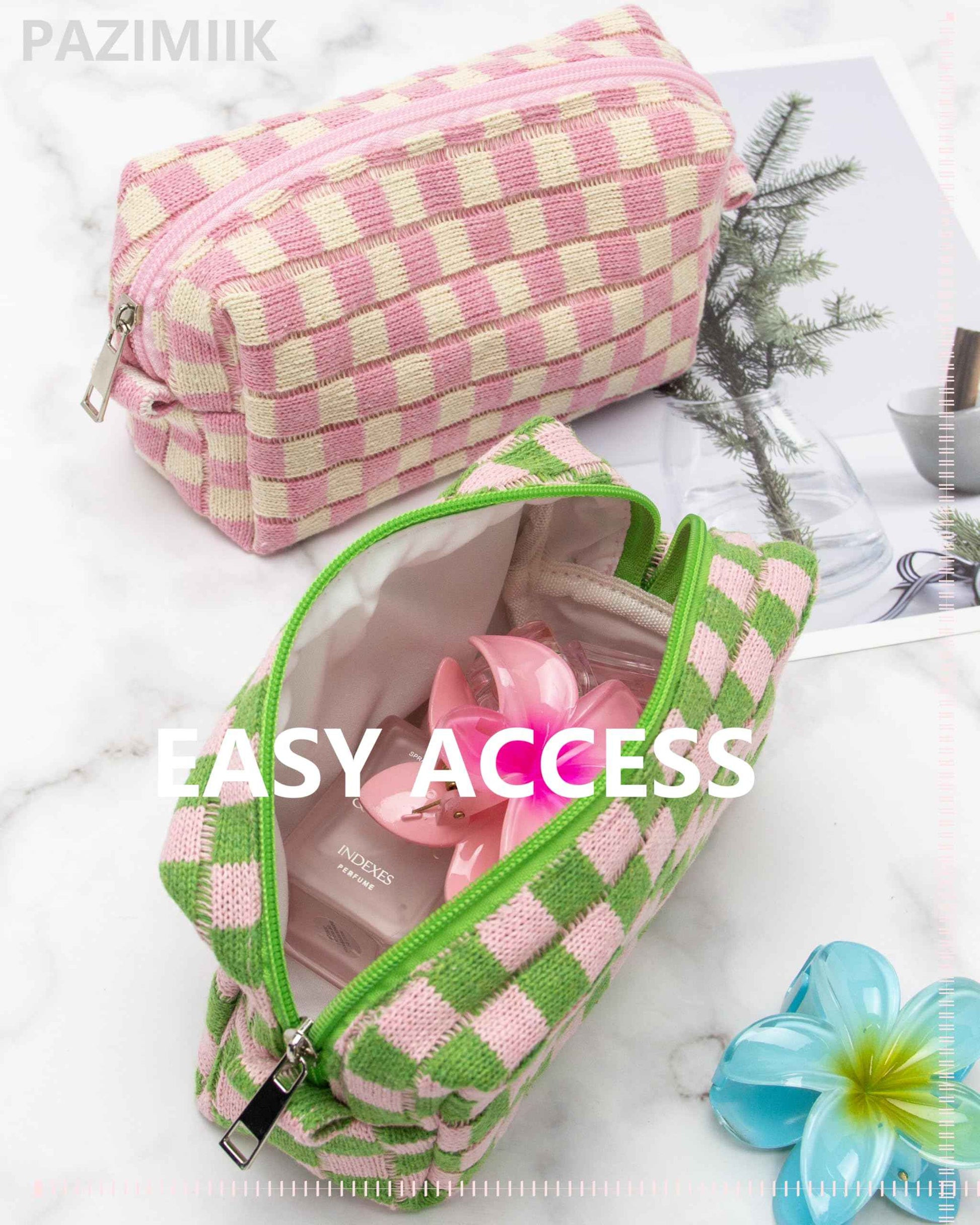 PAZIMIIK Checkered Makeup Bag for Purse Portable Zipper Make Up Pouch Small Cosmetic Case for Travel Accessories Pink Green