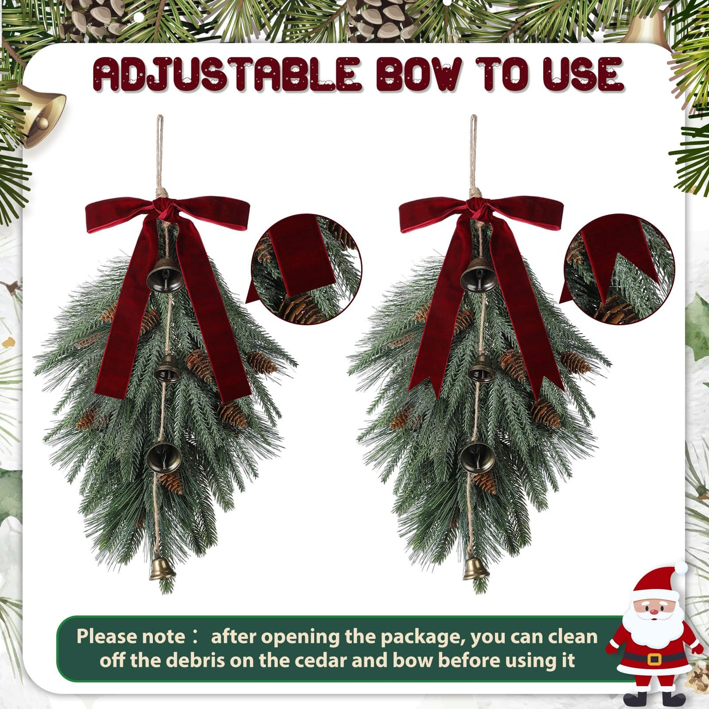 2 Pack Christmas Teardrop Swag 20 Inch Rustic Door Swag Teardrop Wreath Artificial Norfolk Pine Needle Hanging Garland Greenery with Bell Velvet Bow for Outdoor Mantle Fireplace Decor(Wine Red)