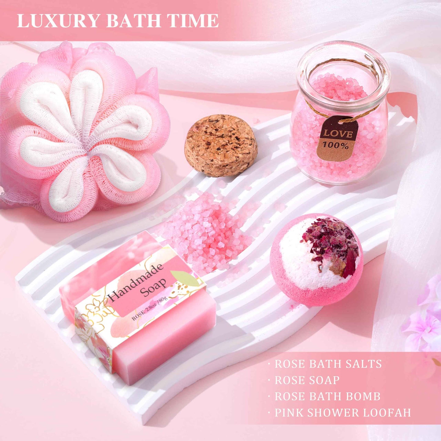 Birthday Gifts for Women, Happy Birthday Gifts Basket for Women Self Care Gift Get Well Soon Gifts, Rose Relaxing Spa Gift Basket with Beach Towel, Woman Birthday Gift for Sister Coworker Her Bestie