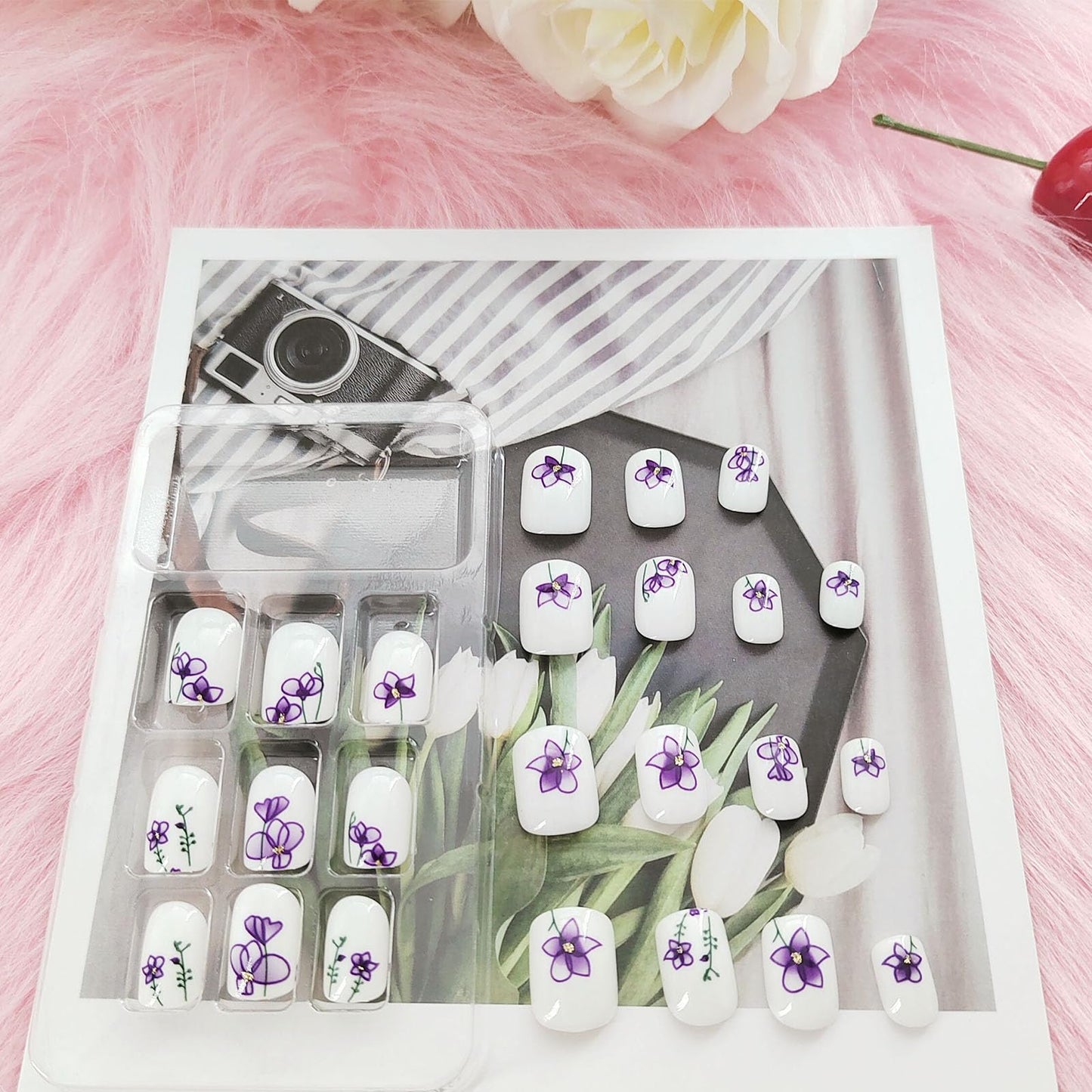 Square Press on Nails Short Cute White Nails Acrylic False Nails with Purple Flower Designs Artificial Fake Nails Reusable Glue on Nails for Women and Girls