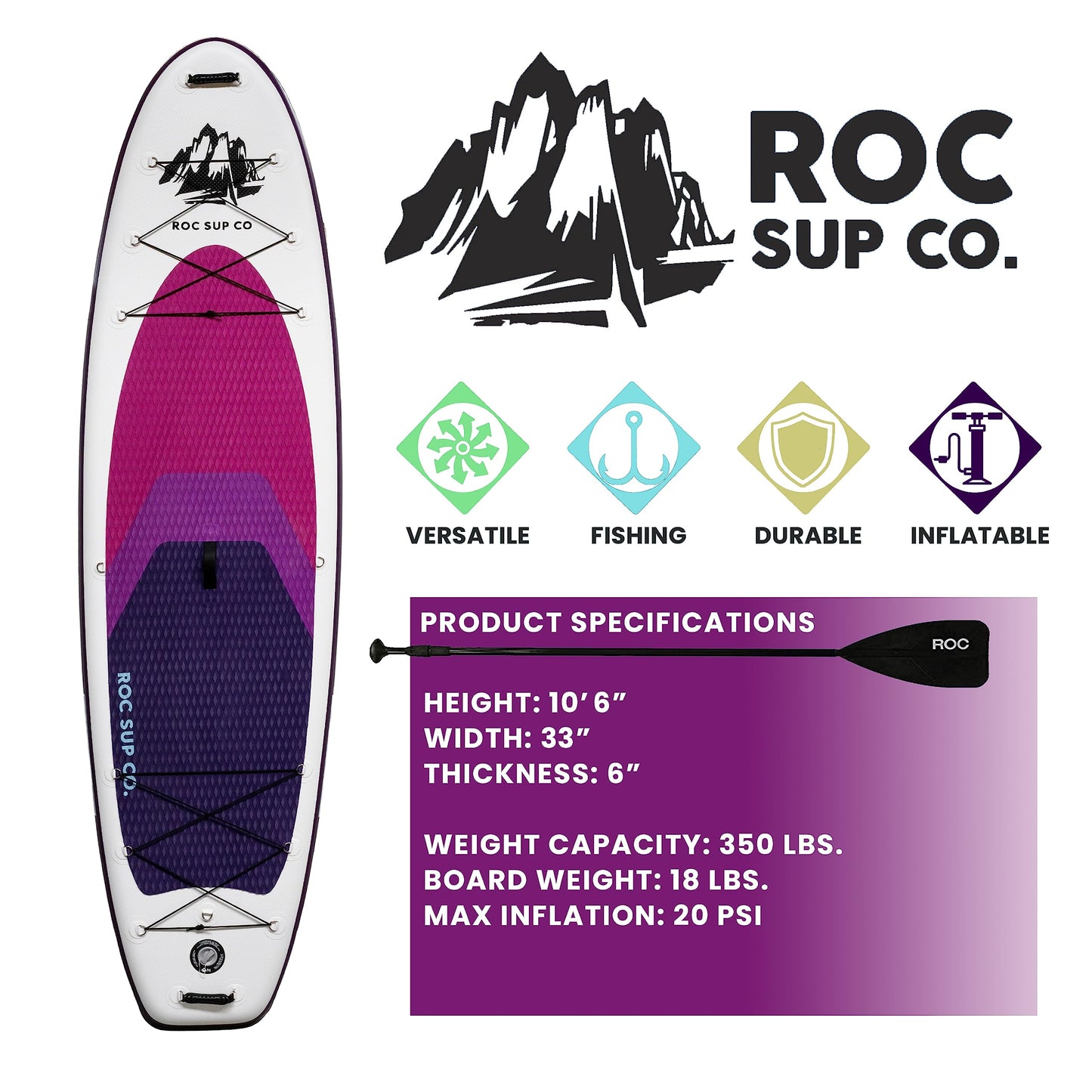 Roc Inflatable Stand Up Paddle Boards 10 ft 6 in with Premium SUP Paddle Board Accessories, Wide Stable Design, Non-Slip Comfort Deck for Youth & Adults (Violet W Kayak Seat)