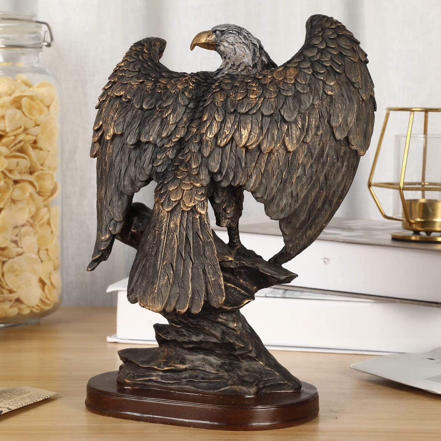 H&W 10.25" Tall Patriotic Eagle On Rocks Statue Wild Bird Eagle Decorative Bronze Patina Resin Figurine