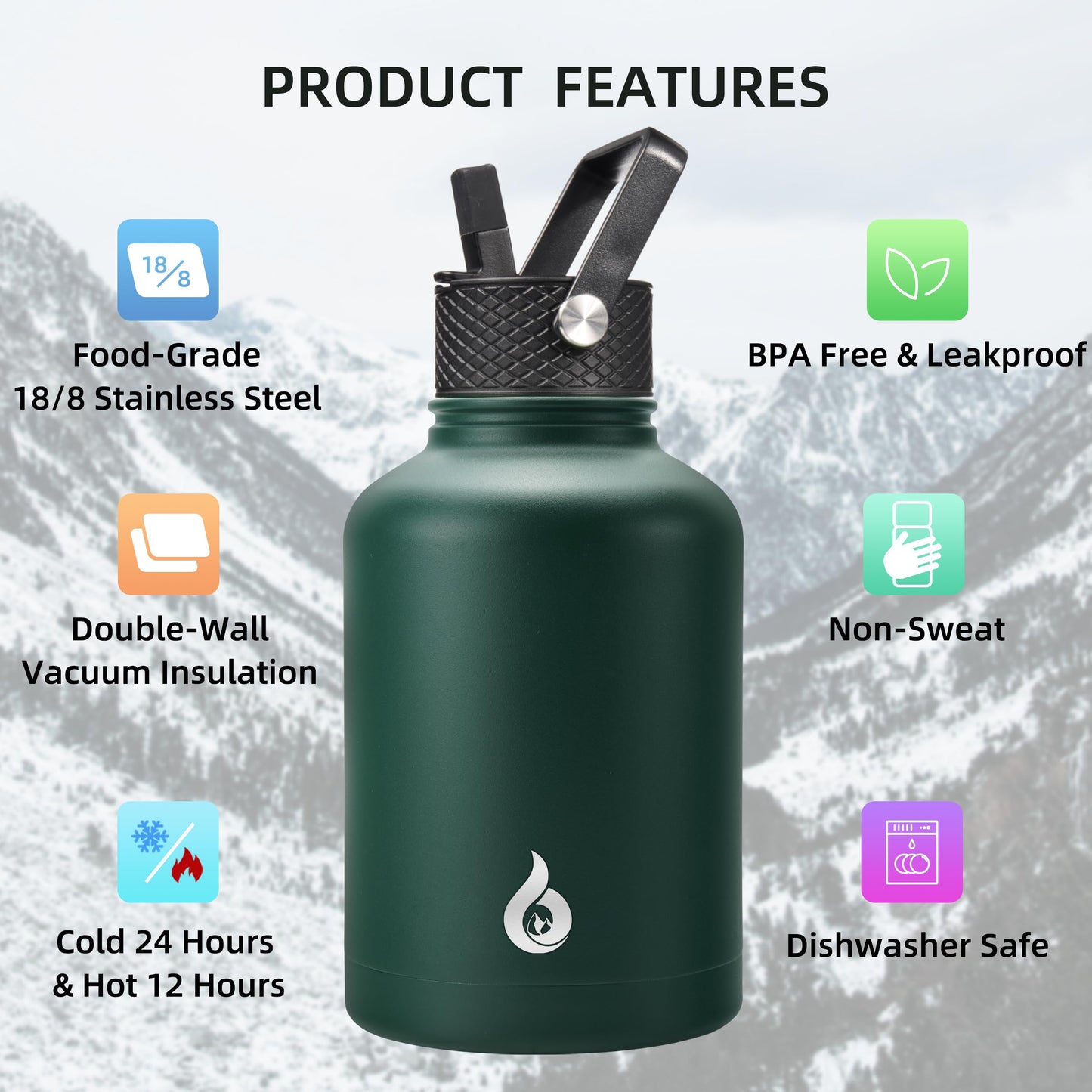 BJPKPK Insulated Water Bottles with Straw Lid,50oz Large Bottle,Stainless Steel Vacuum Bottle,Hot & Cold 3 Lids and Paracord Handle,Army Green