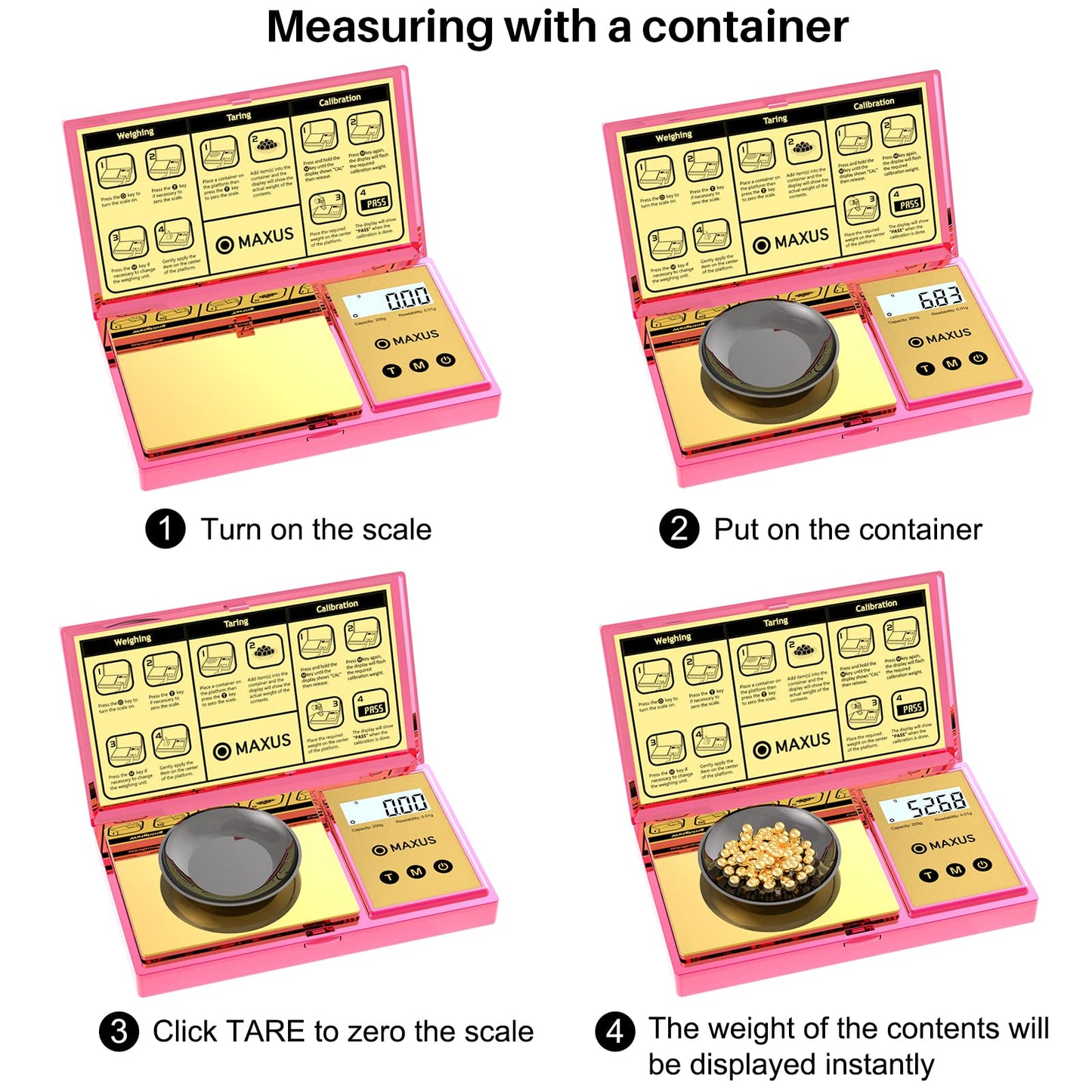 MAXUS Digital Gram Scale with 200g x 0.01g Capacity, Stylish Pink Plated Shining Cover and Platform, Mini Pocket Scale for Food and Jewelry