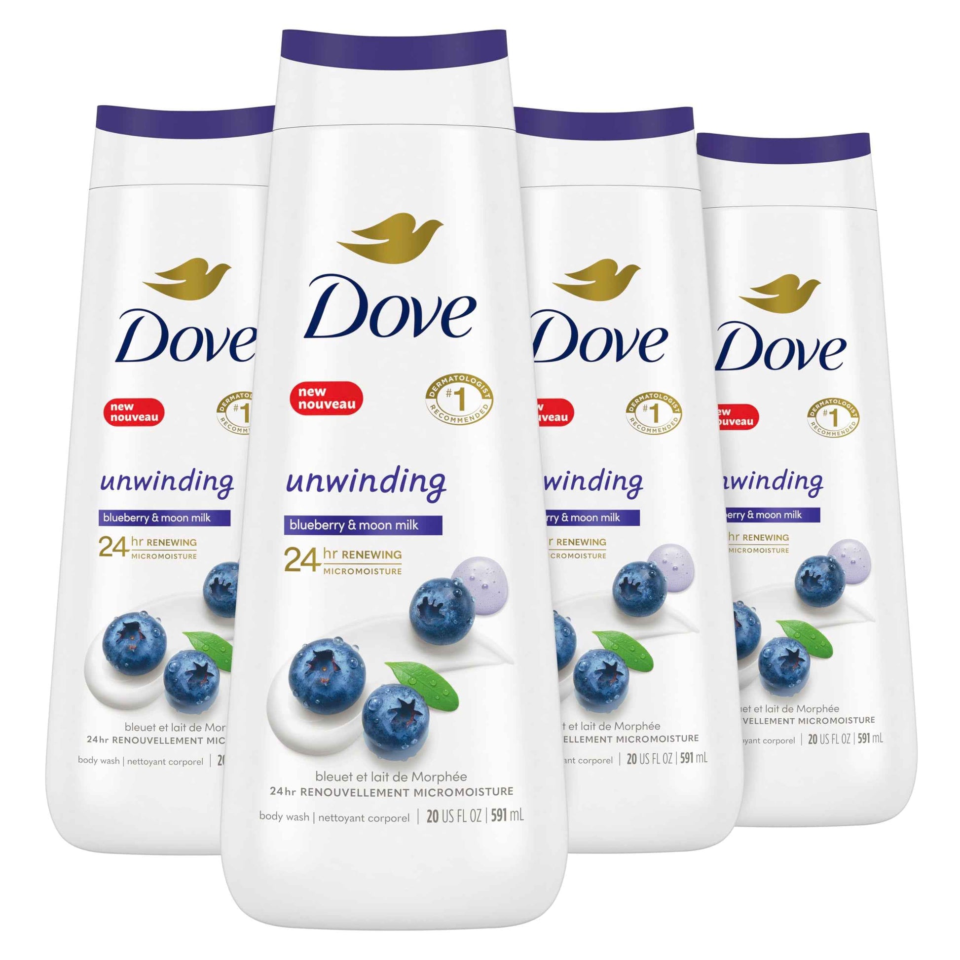 Dove Body Wash Unwinding Blueberry & Moon Milk, 4 Count for Renewed, Healthy Looking Skin, Moisturizing Gentle Skin Cleanser with 24hr Renewing MicroMoisture, 20 oz
