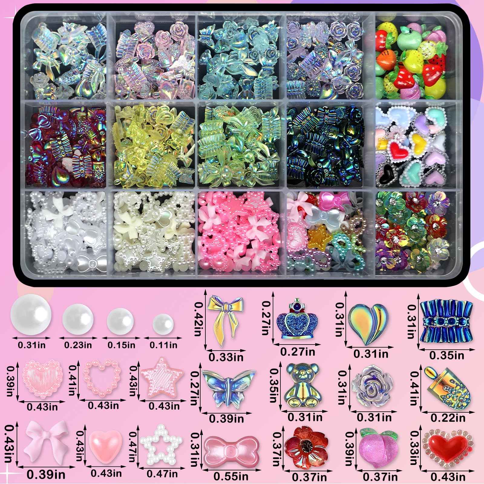 AddFavor Nail Charms Kit 3D Assorted Bow Nail Charms and Gem Pearls Bows Flower Nail Charms Heart Butterfly Fruit Acrylic Nail Charms for Nails Manicure DIY Design Crafts Accessories