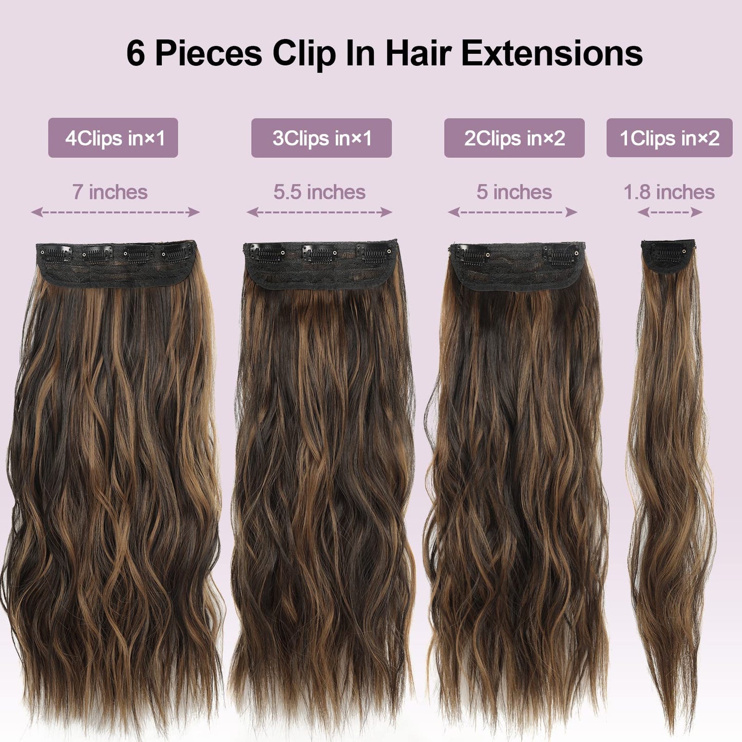 Fashion Line Clip in Hair Extensions for Women 6PCS Thick Full Head Natural Wavy Clip in Extensions Balayage Dark Brown to Chestnut Synthetic Long Double Weft Hair Hairpieces 20 inch