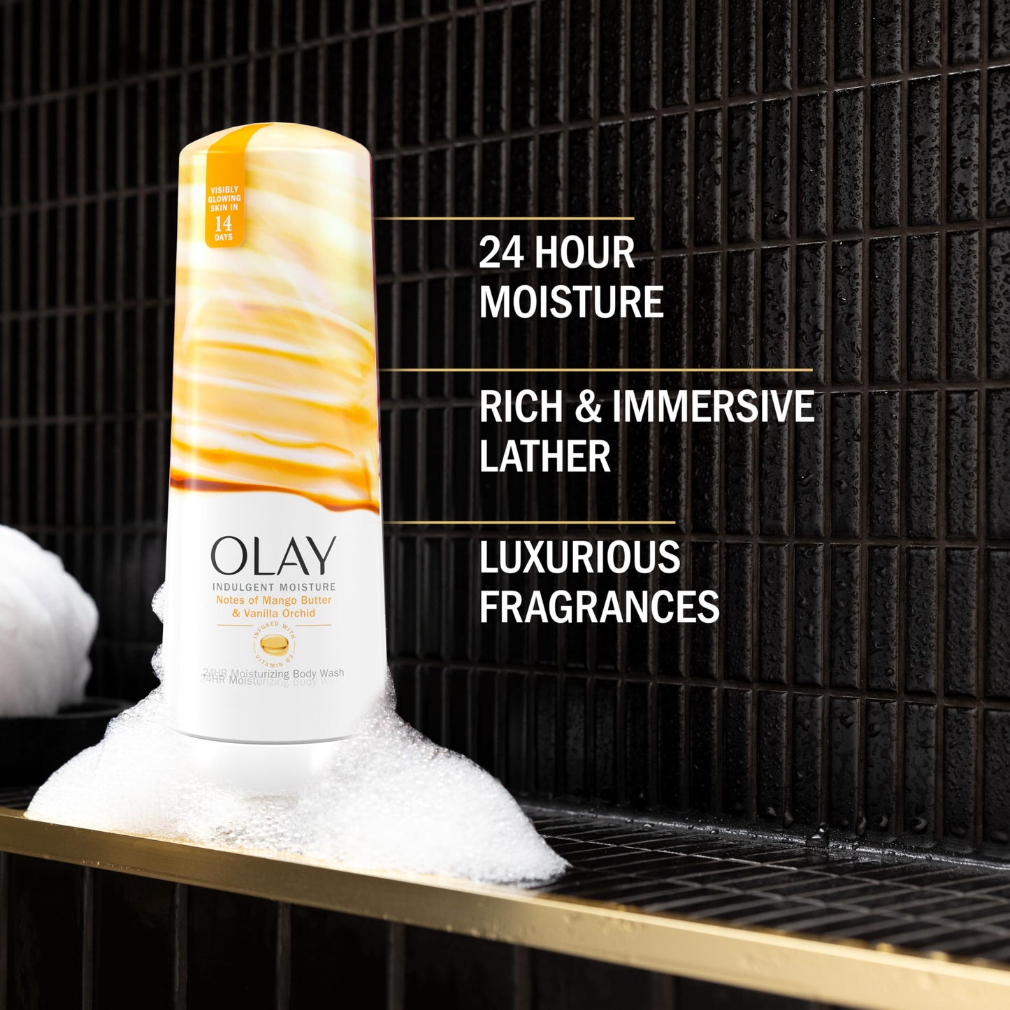 Olay Indulgent Moisture Body Wash for Women, Infused with Vitamin B3, Notes of Mango Butter and Vanilla Orchid Scent, 20 fl oz