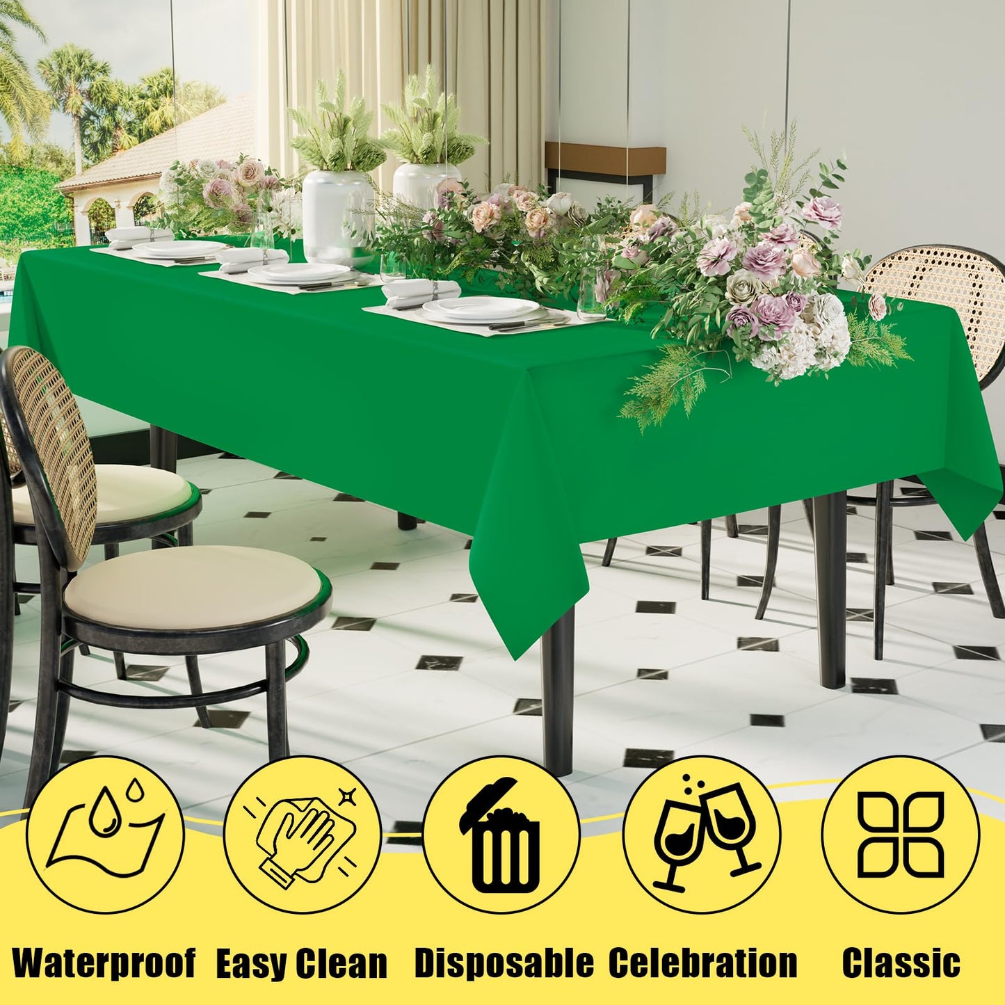 Smiry Disposable Table Cloth - 6 Pack, 54 x 108 Inch Table Cloths for Parties, Decorative Tablecloths for Rectangle Tables, Waterproof Plastic Table Cover, Leakproof & Sturdy, Green