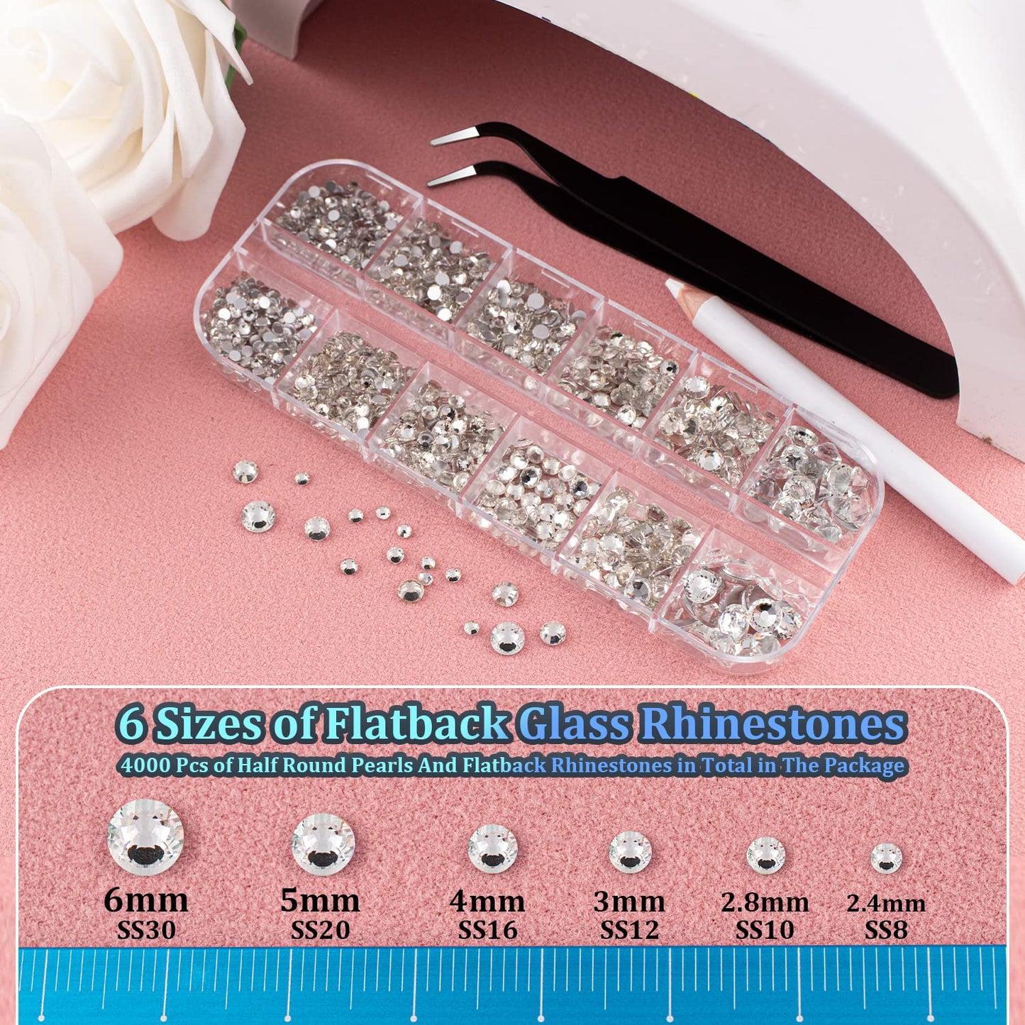 4000 PCS Half Round Pearls and Rhinestones, Flat Back Black AB Half Pearls and Clear Round Crystal Gem Kit with Tweezer and Pickup Pencil for Nail Art and DIY Decoration