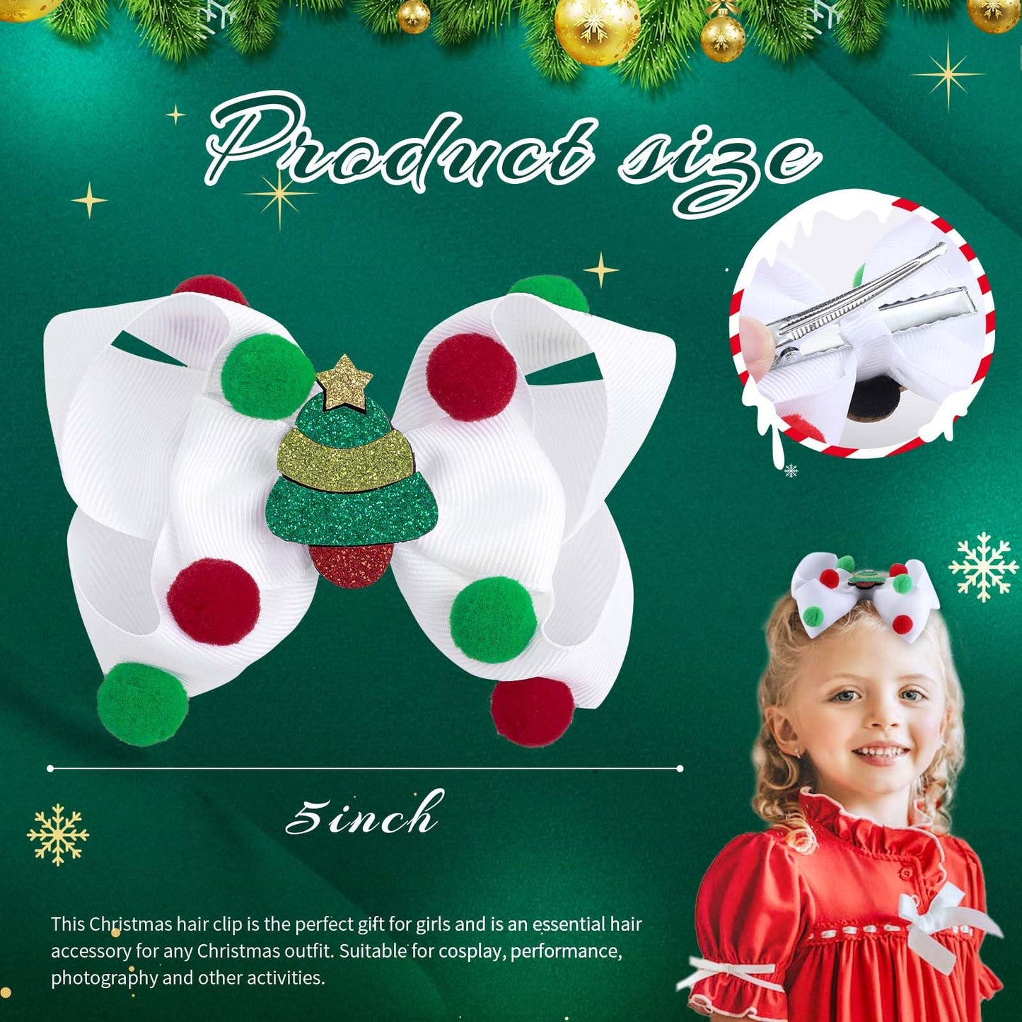 Christmas Hair Bows for Girls, Red Green White Christmas Bows Glitter Christmas Tree Santa Claus Christmas Boots Hair Clips Hair Accessories for Toddlers Kids Women Christmas Party (Christmas Bows-A)