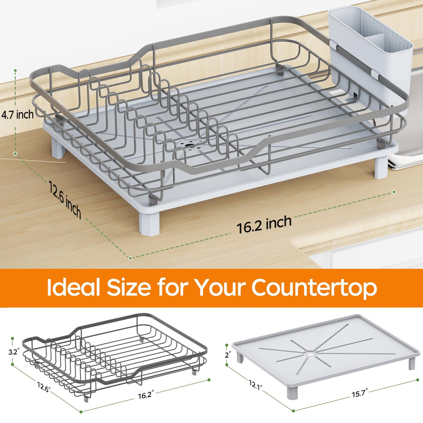 ROTTOGOON Dish Drying Rack, Stainless Steel Rustproof Dish Rack for Kitchen Counter, Sturdy Dish Drainer with Drainboard, Drainage, Utensil Holder for Various Kitchenware, 16.2"(L) x 12.6"(W), Grey