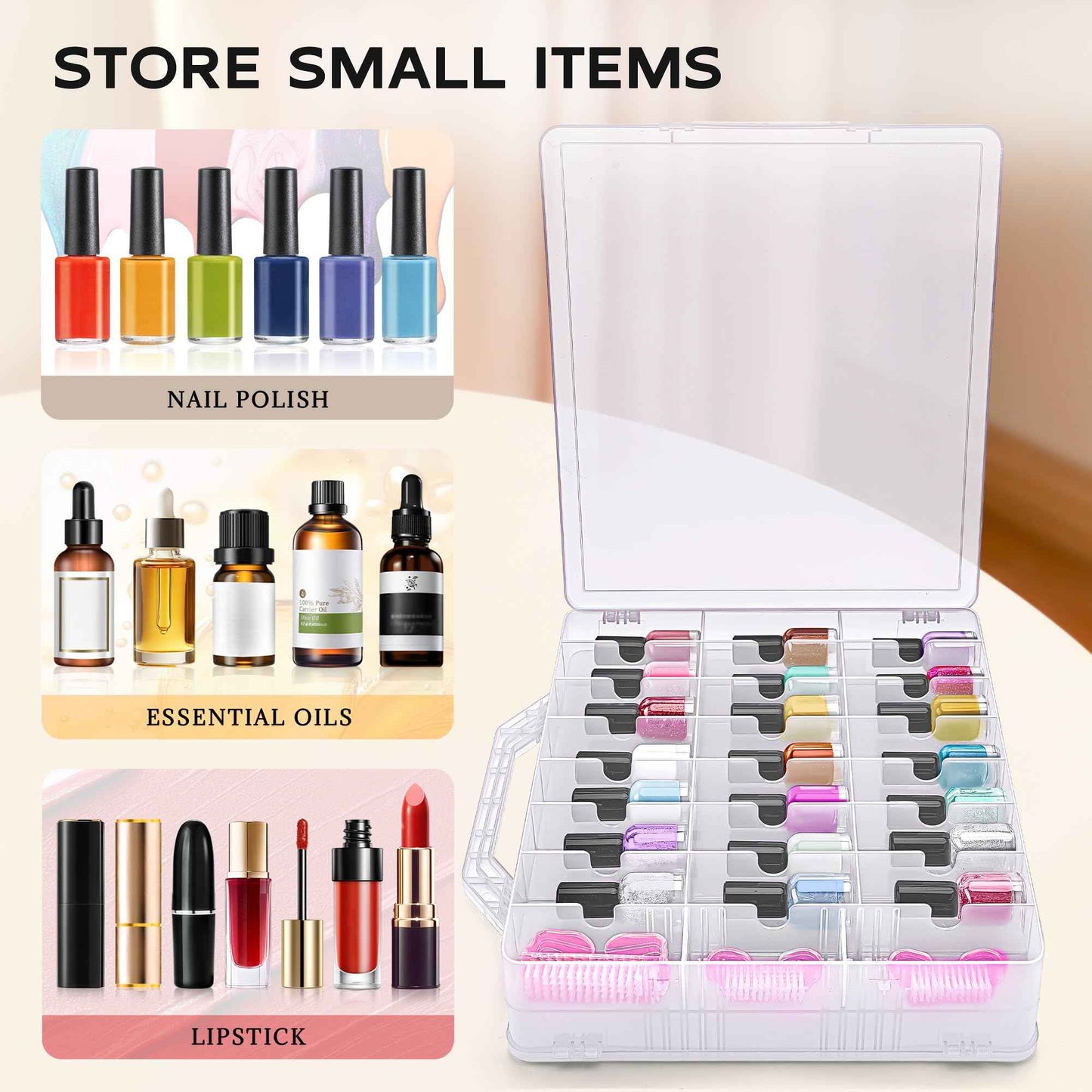 DreamGenius Nail Polish Organizer Case for 48 Bottles with 2 Nail Separators, Double Side Gel Nail Polish Holder with Adjustable Dividers, Clear