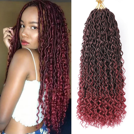 Ombre Burgundy Red Boho Goddess Locs Crochet Hair 22 Inch, 8 Packs New Faux Locs Crochet Hair With Curly Ends,Pre Looped Hippie Locs Crochet Hair For Women Synthetic Crochet Braids (22",Ombre TBUG)