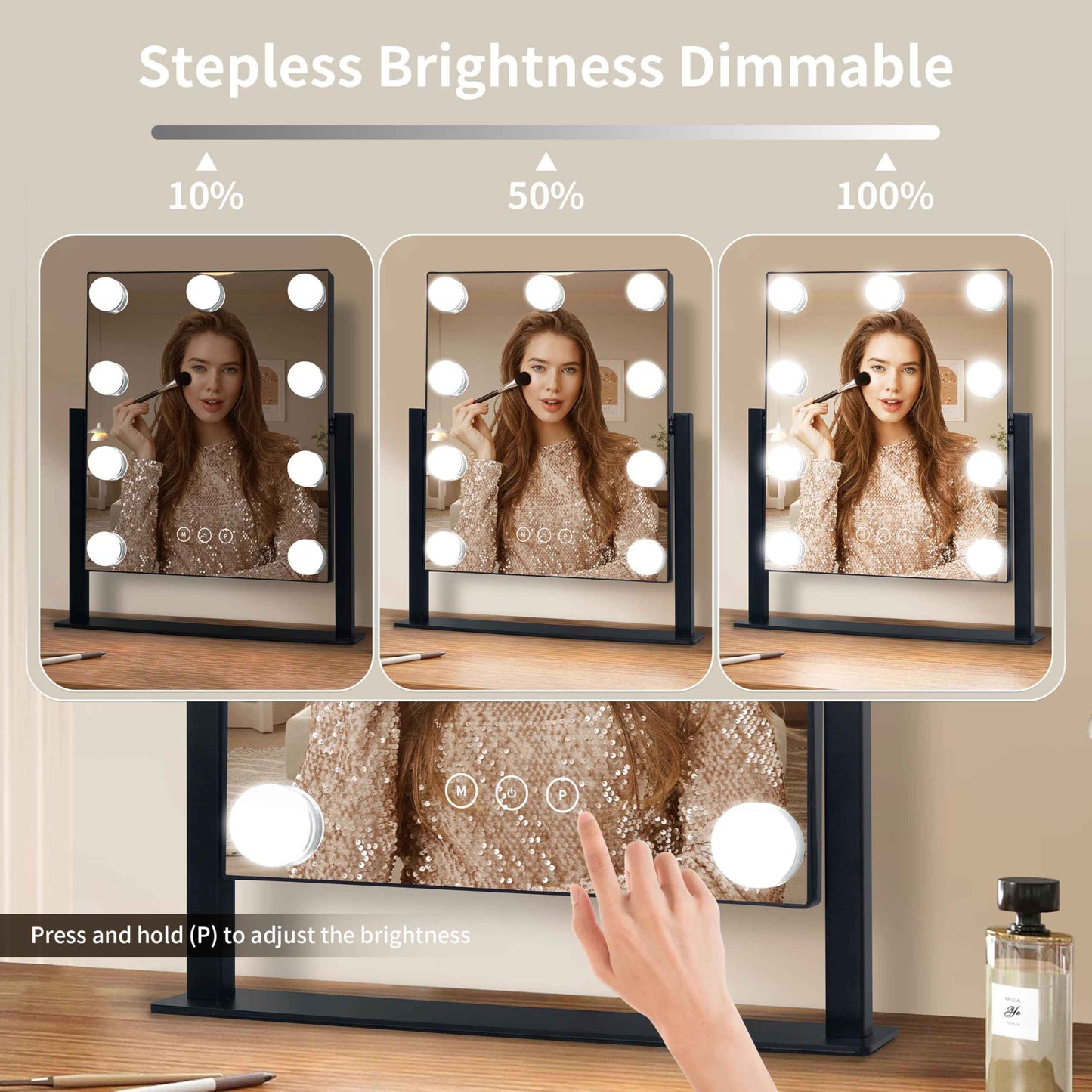 NUSVAN Vanity Mirror with Lights,Makeup Mirror with Lights with 9 Dimmable LED Bulbs, 3 Color Lighting Modes Detachable 10X Magnification Mirror Touch Control,360°Rotation