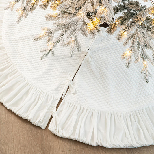 Glitzhome 72" D White Oversized Christmas Tree Skirt,Large Velvet Ruffled Xmas Tree Mat Holiday Tree Ornaments for Xmas Winter Happy New Year Home Decoration