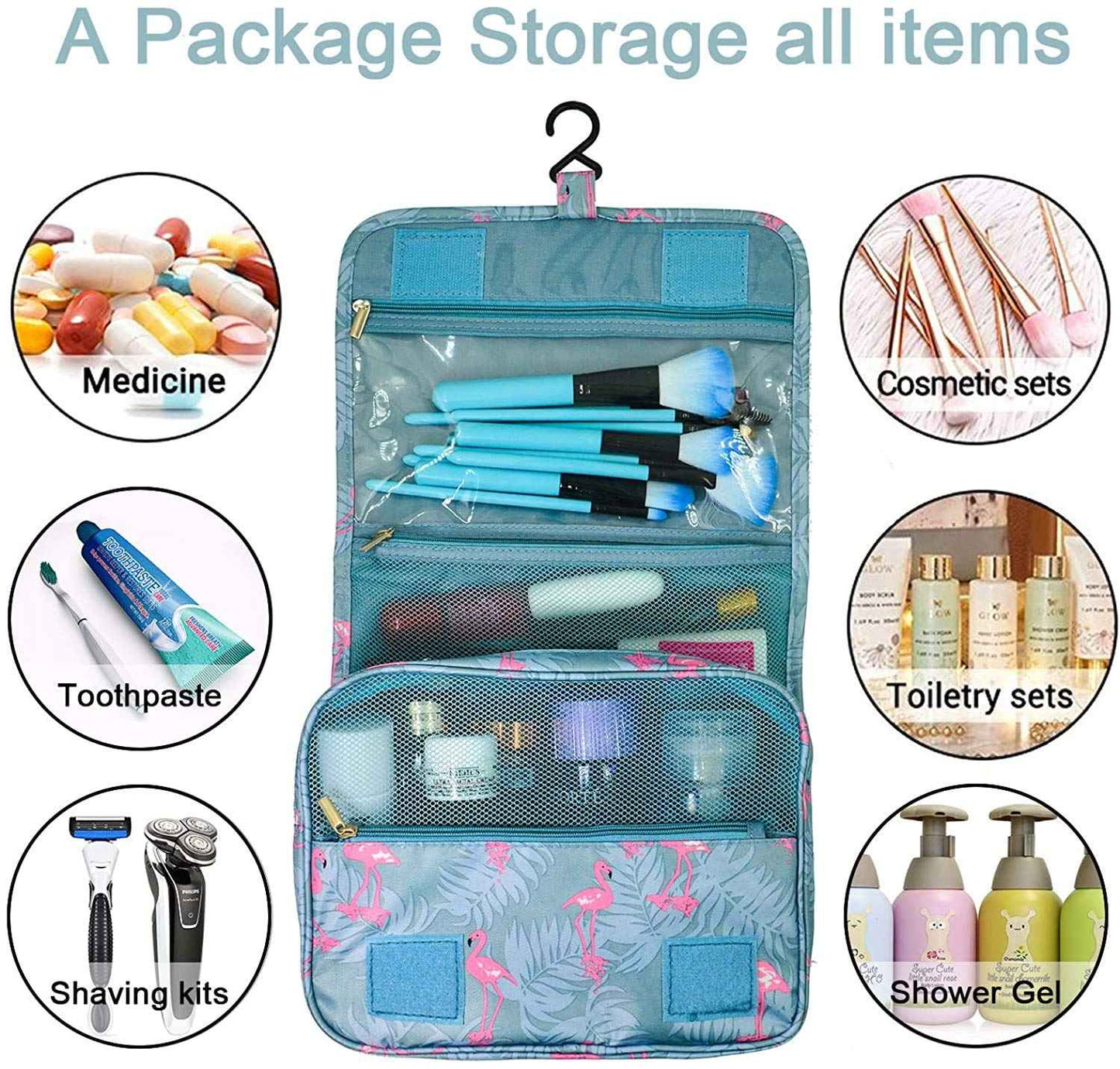 Trawila Travel Hanging Toiletry Bag Cosmetic Bag Makeup Organizers for Men & Women with Sturdy Hook (Light Blue Flamingo)
