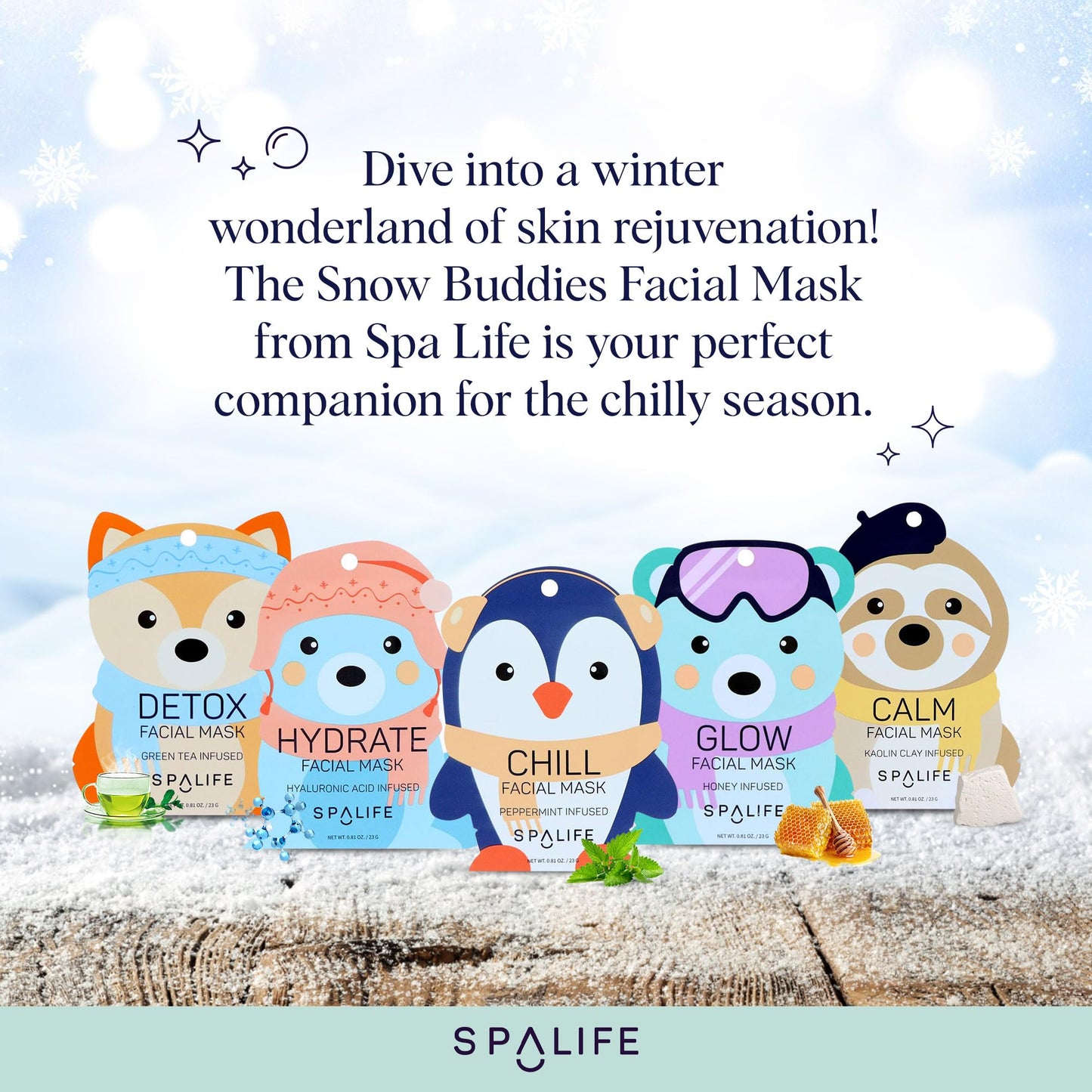 SpaLife Snow Buddies Facial Mask 10 Pack - Hydrating Character Sheet Masks for Women, Moisturizing Skincare Variety Set for Glowing Skin - Korean Facial Mask Spa Treatment with Natural Ingredients