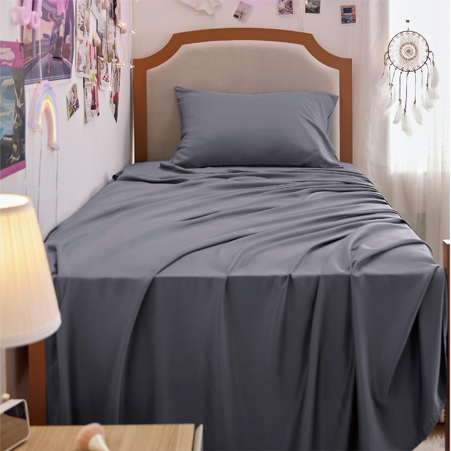 Bedsure Twin XL Sheet Set Dorm Bedding, Cooling Sheets Twin Extra Long Sheets, Rayon Derived from Bamboo, Deep Pocket Up to 16", Hotel Luxury Silky Bedding Sheets & Pillowcases, Dark Grey