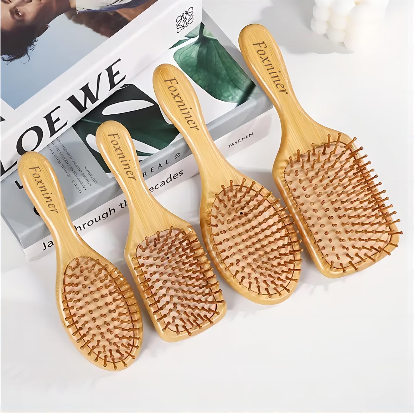 Foxniner Bamboo brush,bamboo hair brush,wooden hair brush,Eco Friendly Paddle Hairbrush for Women Men and Kids Make Thin Long Curly Hair Health and Massage Scalp· (Large Bamboo Square Comb)