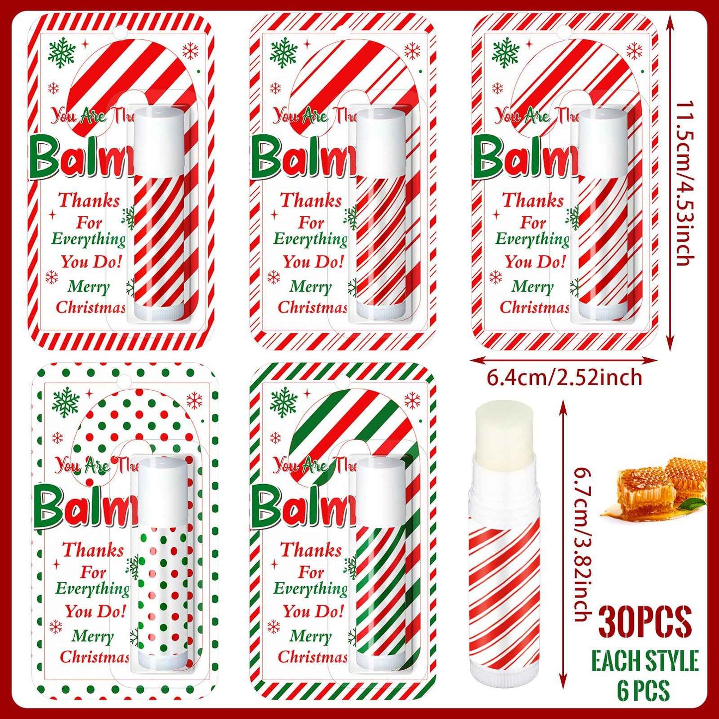 Sacubee 30 Pack Christmas Lip Balms Bulk Xmas Lip Balm Honey Flavored 5 Styles Holiday Party Treat Goodie Bags Stuffers Small Gifts for Women Men