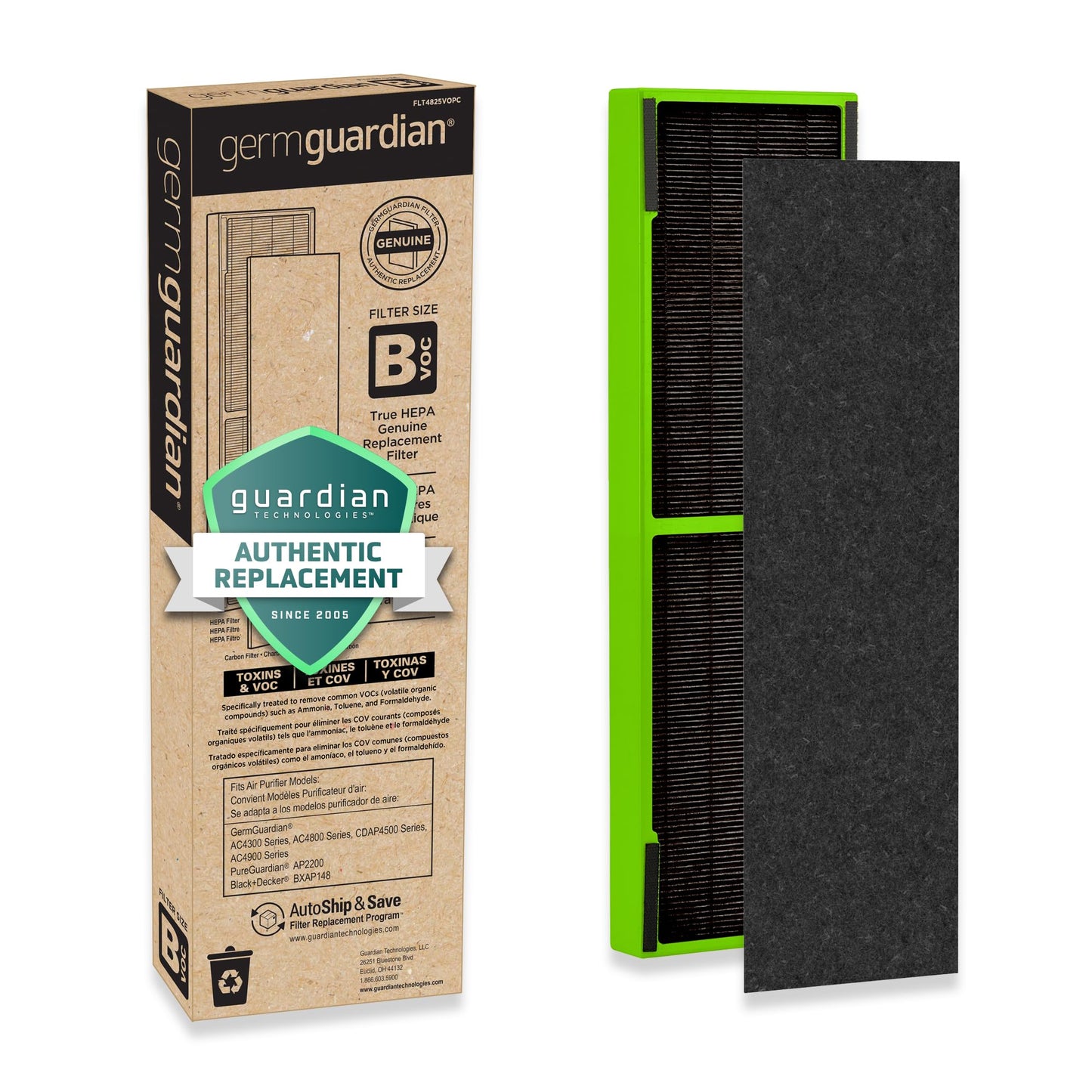 GermGuardian Filter B Toxin Clear HEPA Genuine Replacement Filter, Removes 99.97% of Pollutants, Common VOCs, Household Toxins, AC4825, AC4800 Series, AC4900, CDAP4500, AP2200, Black/Green, FLT4825VO