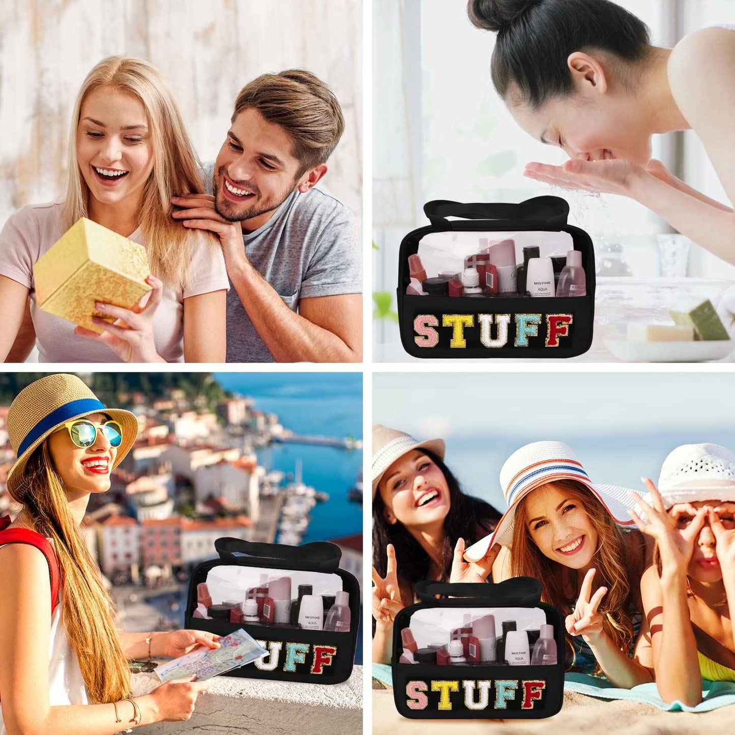 Chenille Letter Patch Stuff Bag, Preppy Clear Makeup Cosmetic Bag Large Toiletry Storage Tote Bag with Handle, Transparent Nylon Waterproof Organizer Zipper Pouch for Travel Women Girls(Black)