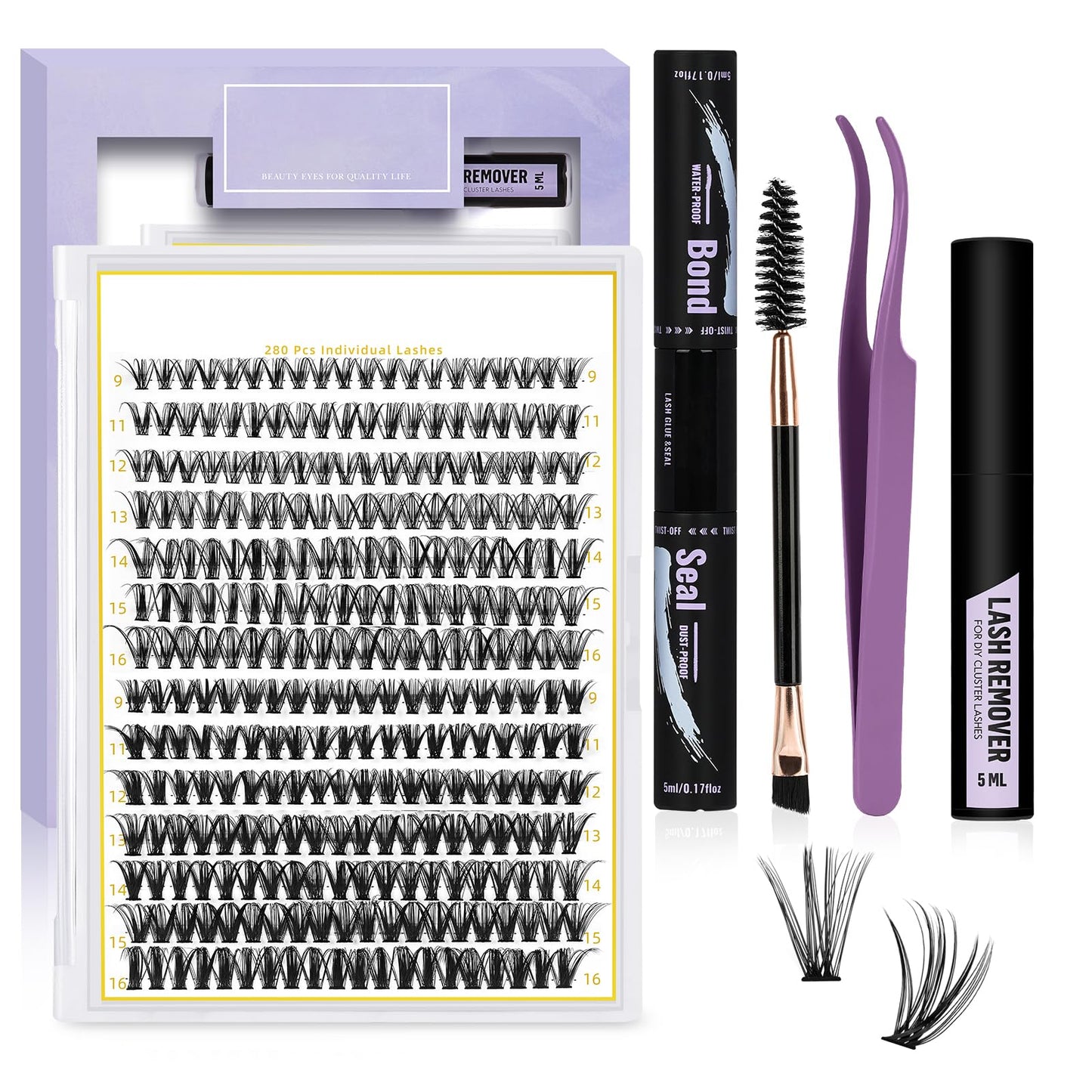 DIY Lash Extension Kit 280 PCS Individual Eyelash Extension Kit 0.07D 9-16MIX 30D 40D Cluster Lashes Kit Lash Glue Remover for Eyelash Extensions (Kit-30D40D-0.07-D,9-16MIX)