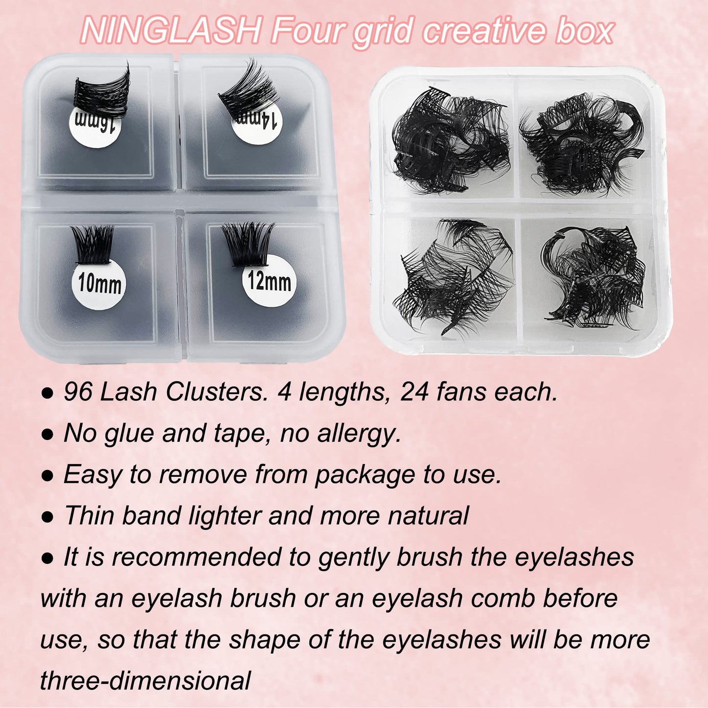 D Curl DIY Eyelash Extension Ninglash BW07 Lashes, 96 Pcs Individual Lash Extensions, Soft Natural Lightweight 10/12/14/16mm Mix Resuale Eyelash Cluster Lashes for Home use