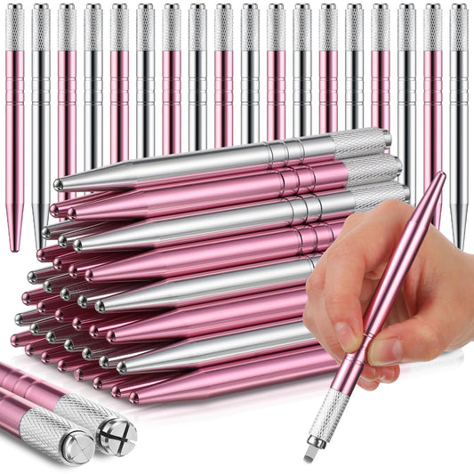 Gisafai 50 Pcs Microblading Pen Manual Eyebrow Pens Microblade Supplies Microblade Pen Microblading Tool Holder Aluminum Microblading Hand Tools for Makeup Supplies Salons (Silver, Pink)