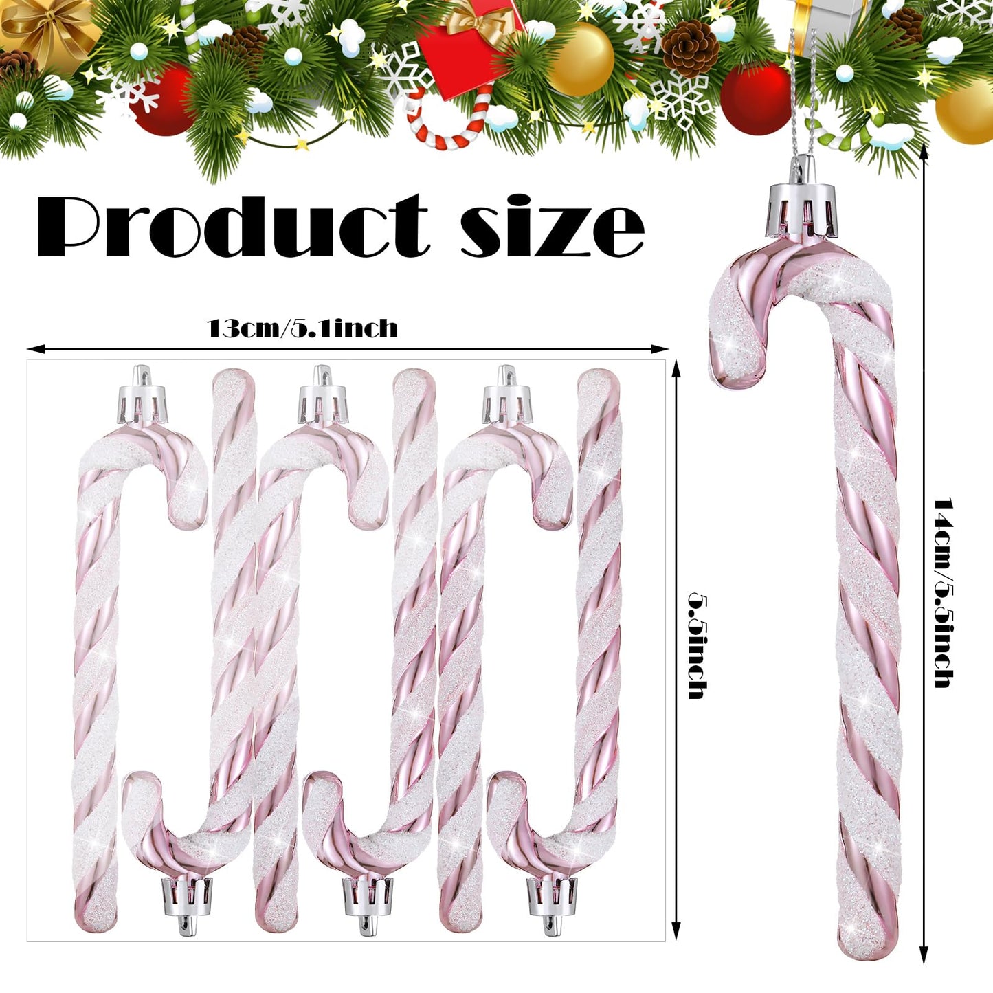 36 Pack Christmas Candy Canes Ornaments Plastic Glitter Candy Cane Christmas Tree Hanging Decorations for Holiday Party Favors (Pink and White)