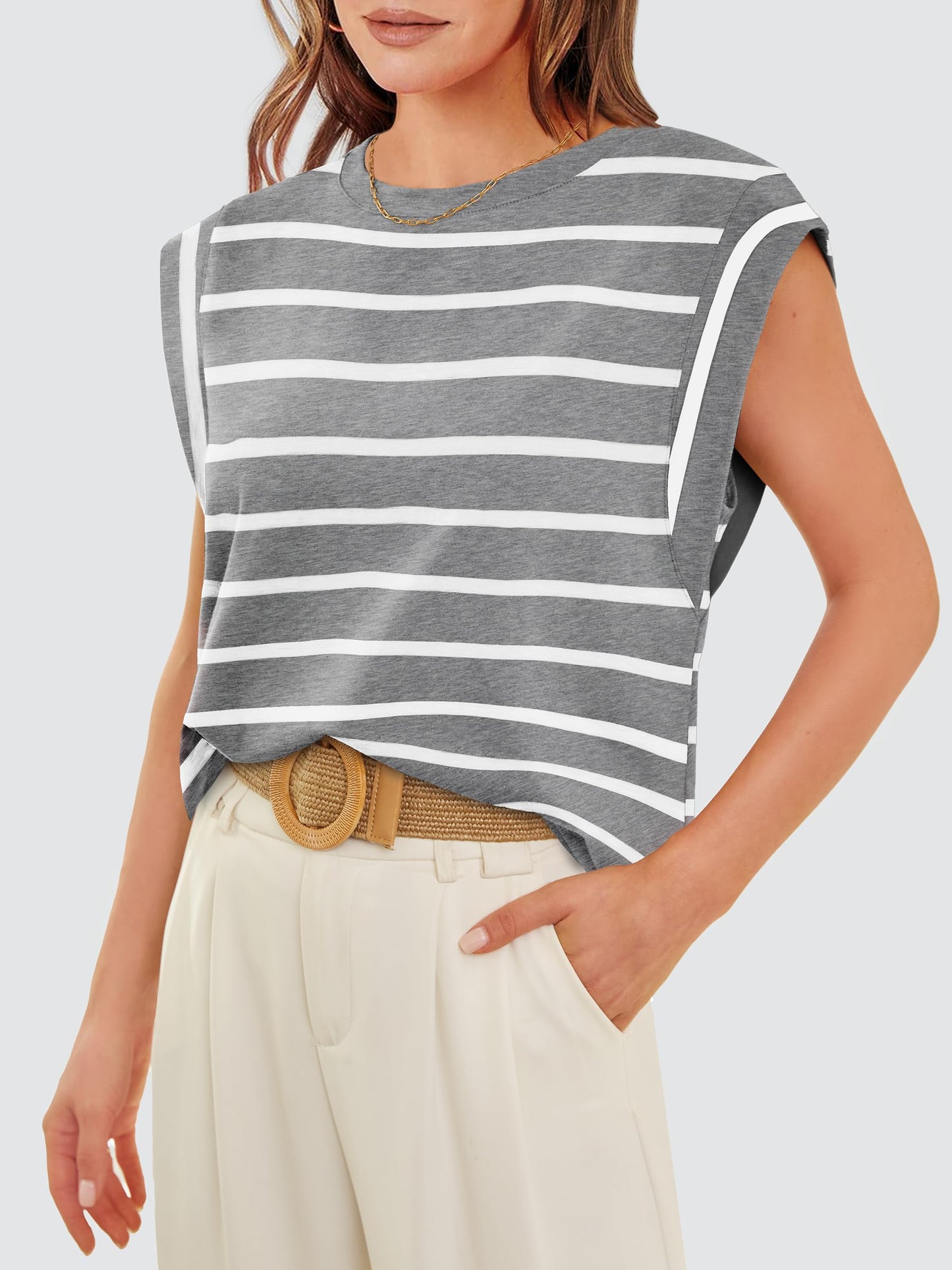 WIHOLL Sleeveless Tops for Women Dressy Casual Summer Influencers Picks Clothes 2024 Cap Sleeve Business Work Grey White Striped Shirts S