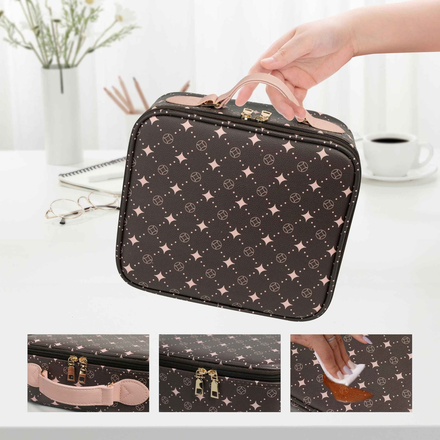 Travel Makeup Bag,Waterproof Cosmetic Organizer, Adjustable Dividers,Portability Cosmetic Train Case,Makeup organizer,Gift for Women,Girls Gift (Coffee+Pink)