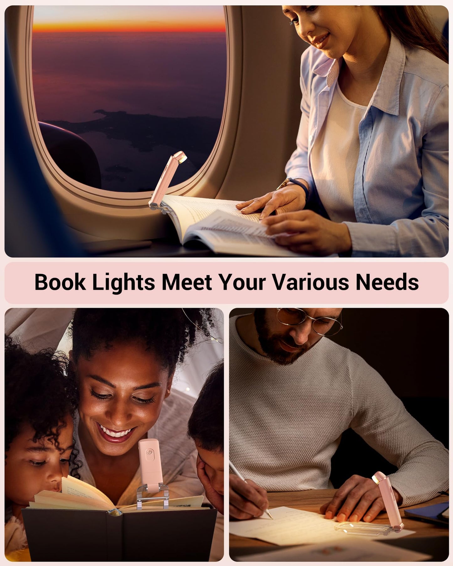 DEWENWILS USB Rechargeable Book Light, LED Clip on Reading Lights for Books in Bed at Night, Portable Bookmark Lamps, Warm White, Brightness Adjustable, Perfect for Bookworms, Kids (Light Pink)