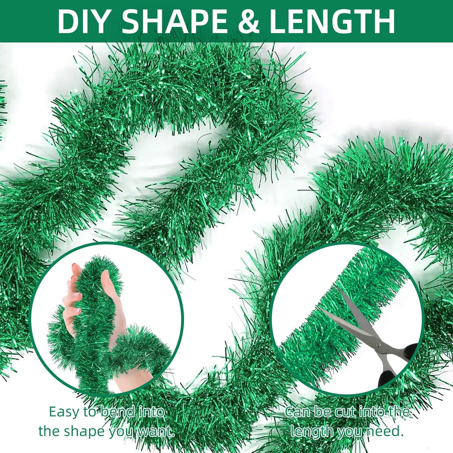 118 Feet Green Christmas Tinsel Garland, Metallic Twist Garland Shiny Hanging Foil Tinsel Garland for Christmas Tree Home Office Party Decoration